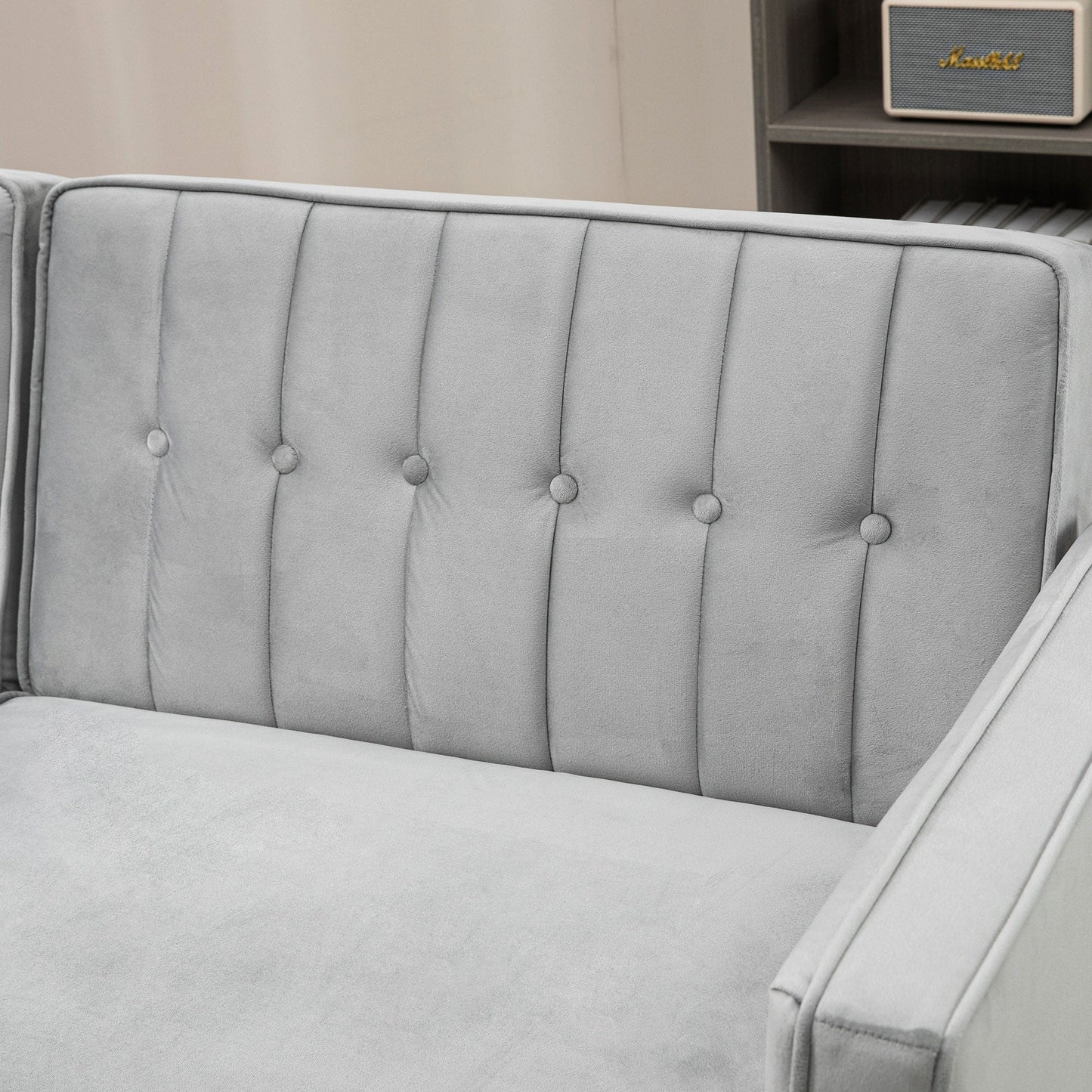 HOMCOM Modern 3 Seater Velvet Sofa Bed, Click Clack Sofa Bed, Button Tufted Sleeper Couch with Split Reclining Backrest and Rubber Wood Legs, Light Grey