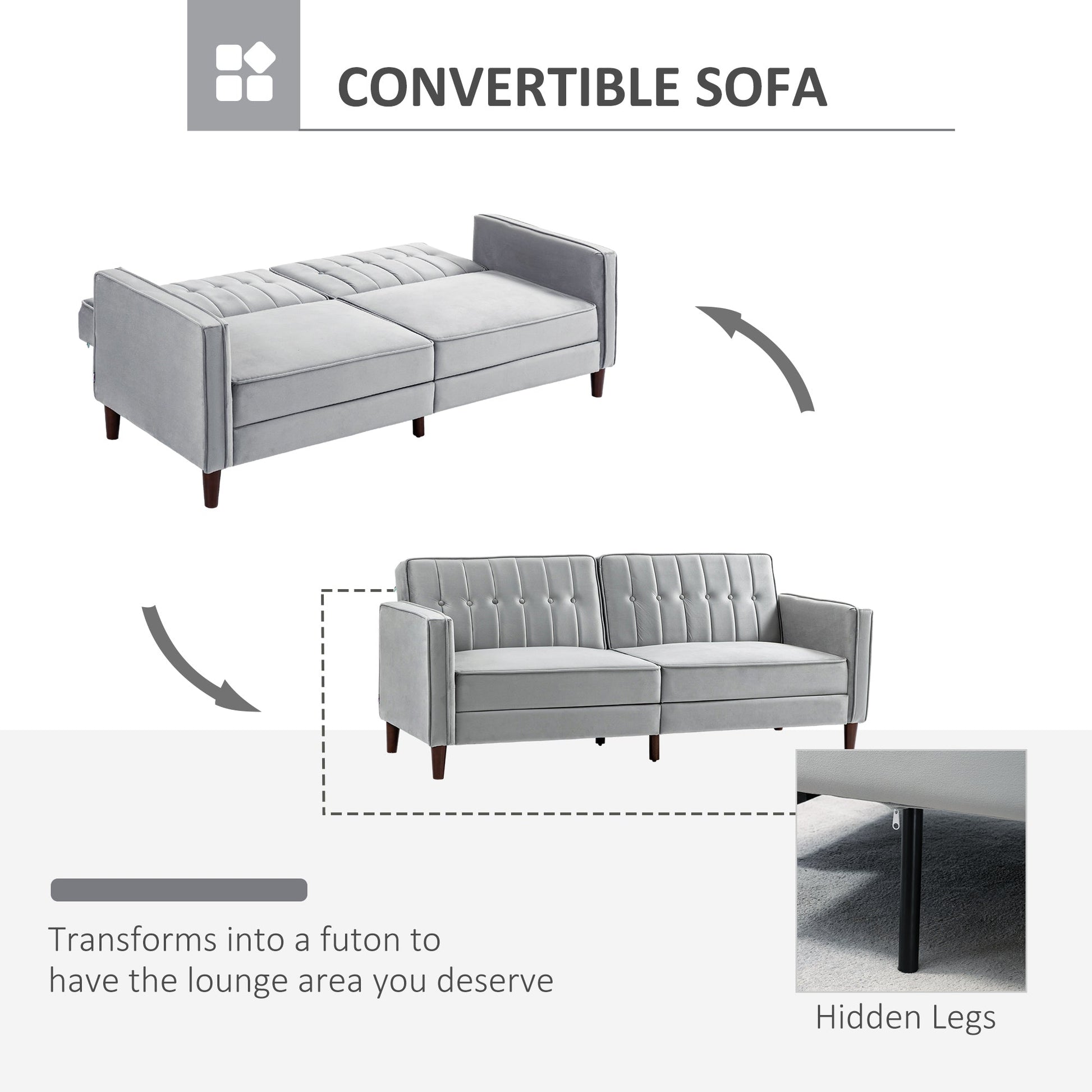 HOMCOM Modern 3 Seater Velvet Sofa Bed, Click Clack Sofa Bed, Button Tufted Sleeper Couch with Split Reclining Backrest and Rubber Wood Legs, Light Grey