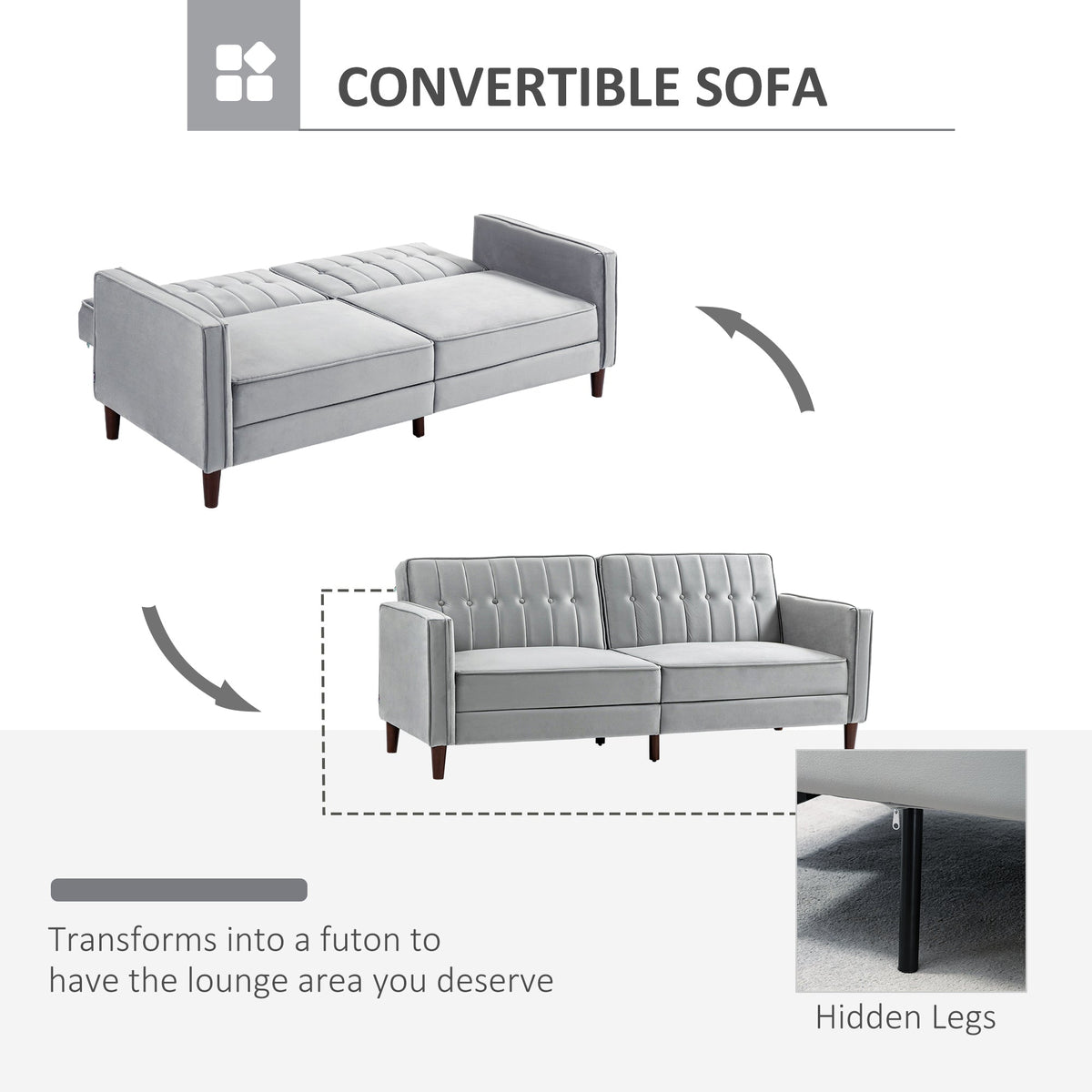 HOMCOM Modern 3 Seater Velvet Sofa Bed, Click Clack Sofa Bed, Button Tufted Sleeper Couch with Split Reclining Backrest and Rubber Wood Legs, Light Grey