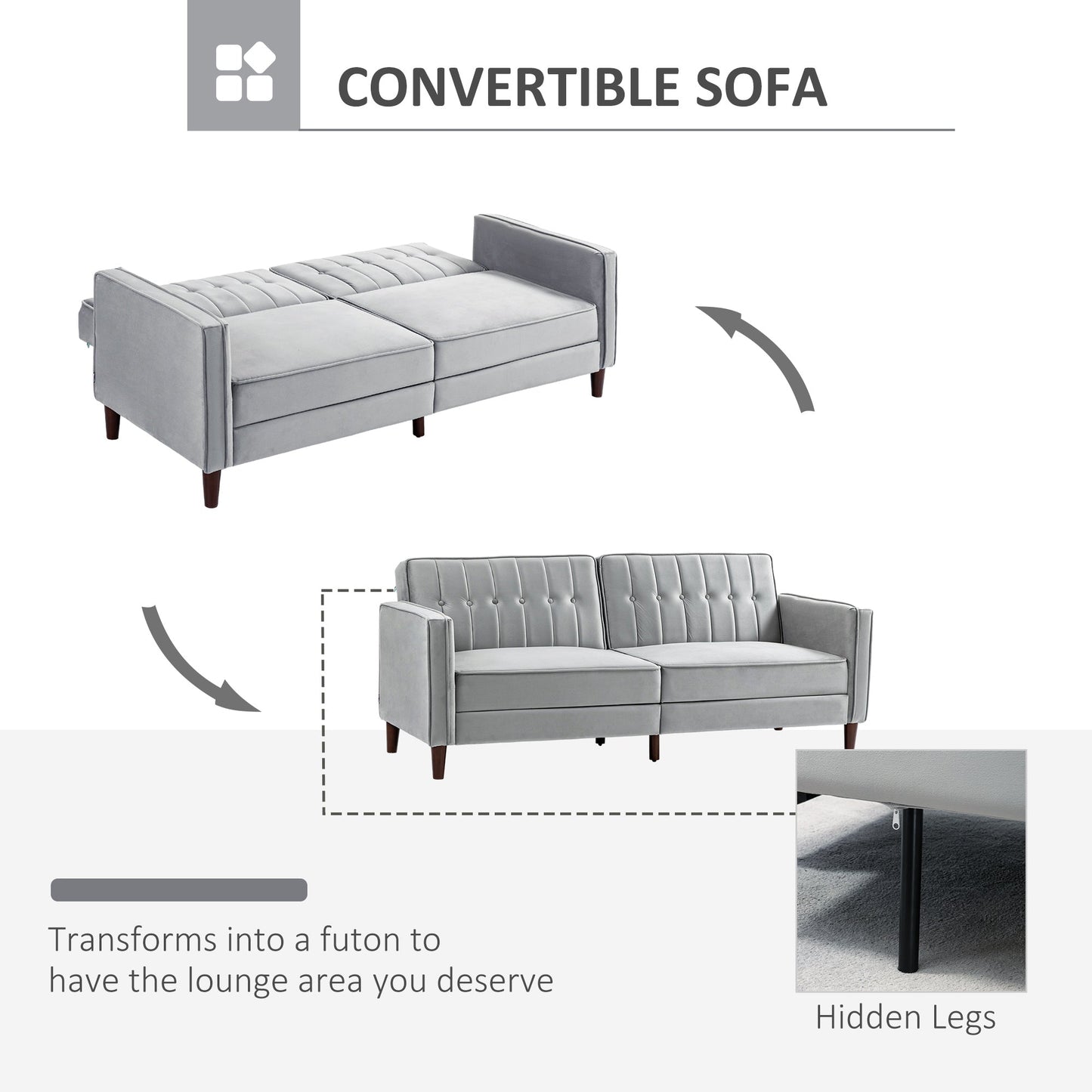 HOMCOM Modern 3 Seater Velvet Sofa Bed, Click Clack Sofa Bed, Button Tufted Sleeper Couch with Split Reclining Backrest and Rubber Wood Legs, Light Grey
