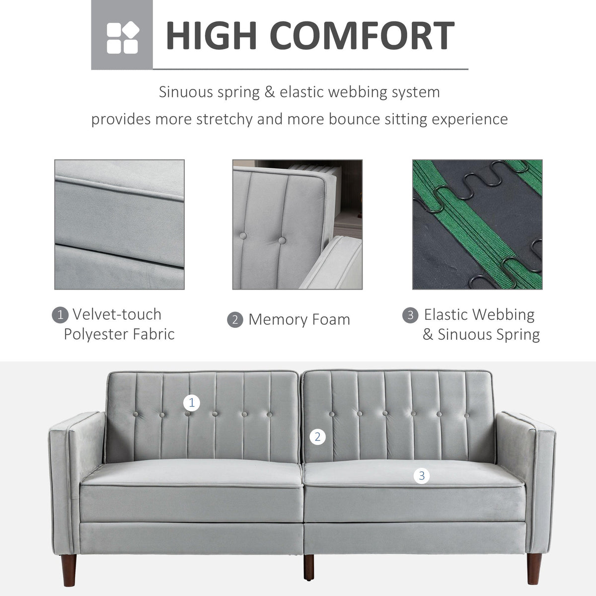 HOMCOM Modern 3 Seater Velvet Sofa Bed, Click Clack Sofa Bed, Button Tufted Sleeper Couch with Split Reclining Backrest and Rubber Wood Legs, Light Grey