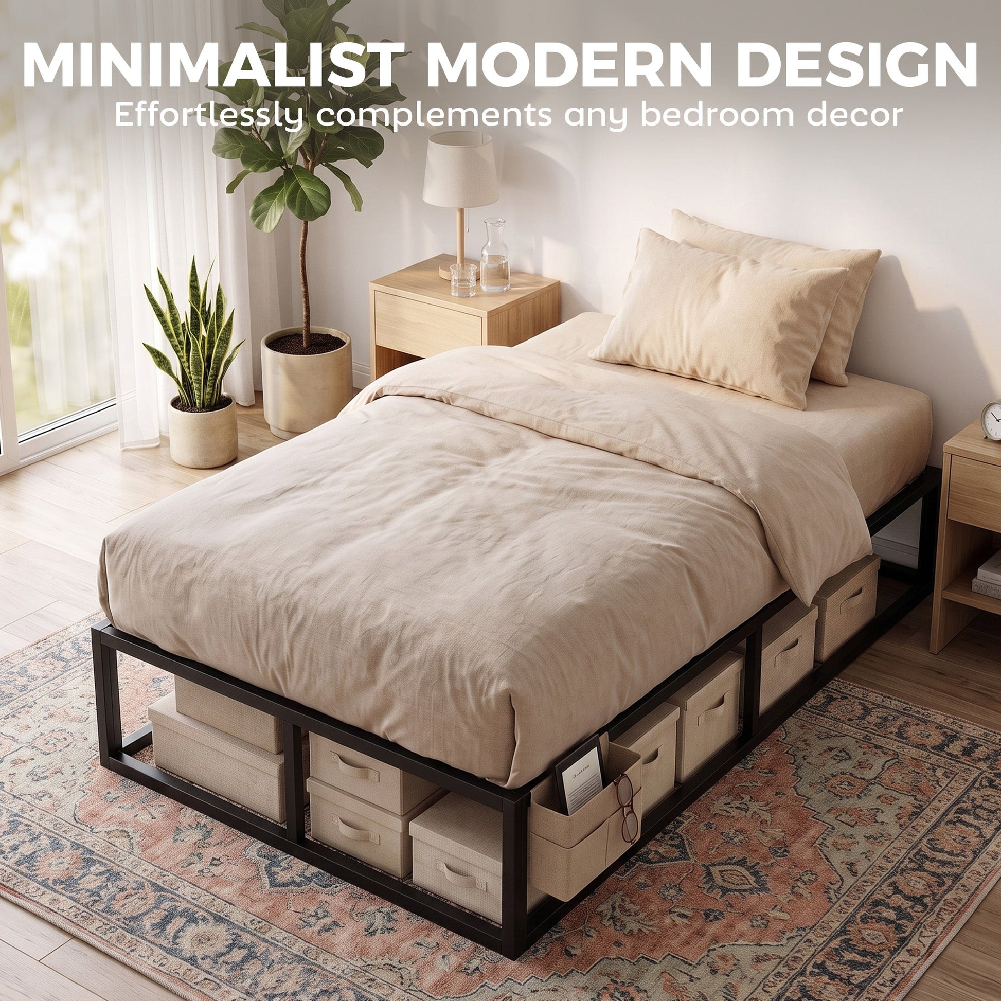 3ft Single Bed Frame with Storage Bag, 12 Slats Metal Platform Bed Frame, Mattress Foundation, Noise-Reducing centre Bar and Anti-Slip Pads, Wood Slat Support, Strong Support, Black