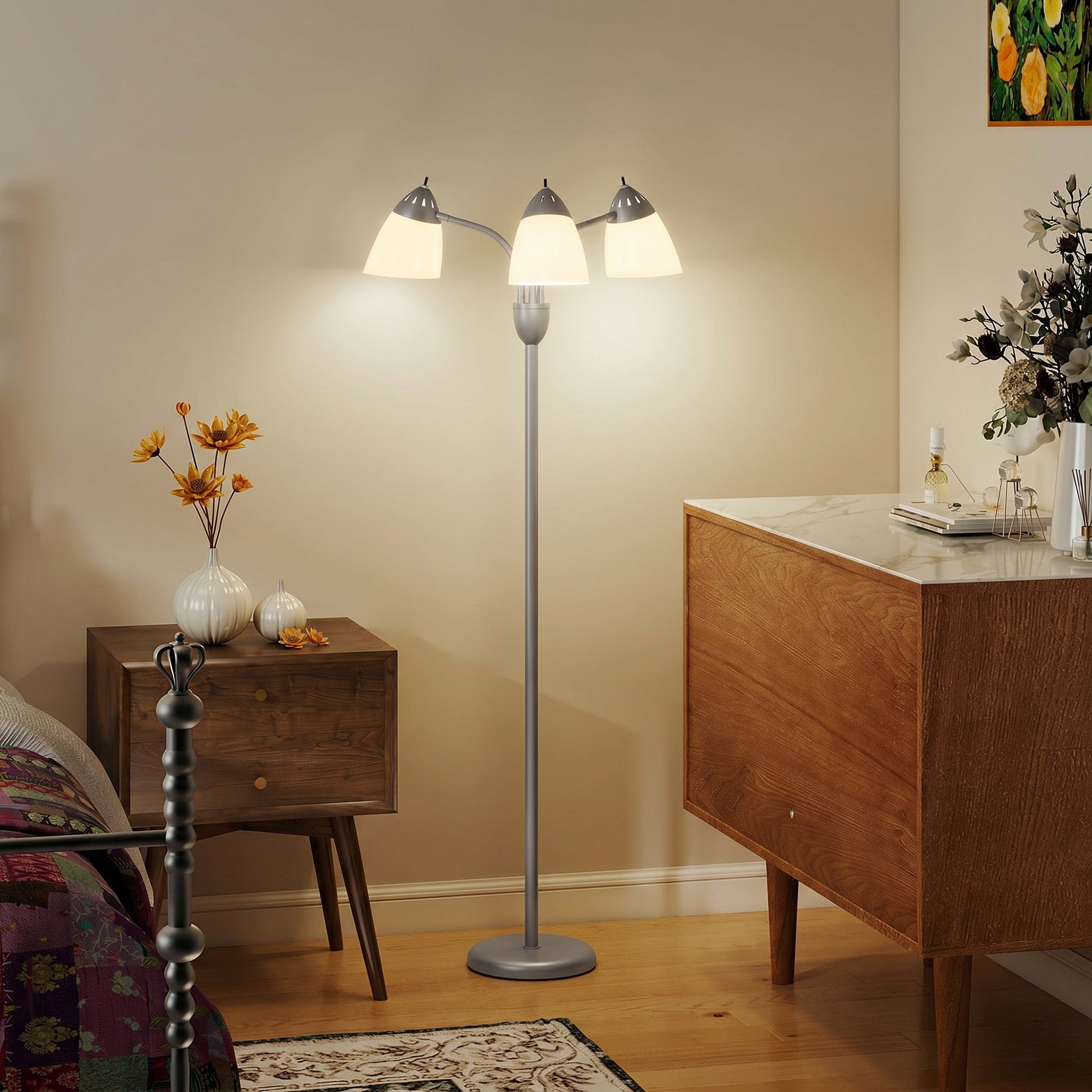 Arc Tree Floor Lamp with 3 Adjustable Rotating Lights, Industrial Standing Lamp with Steel Frame for Bedroom Living Room, 155cm, Silver Tone