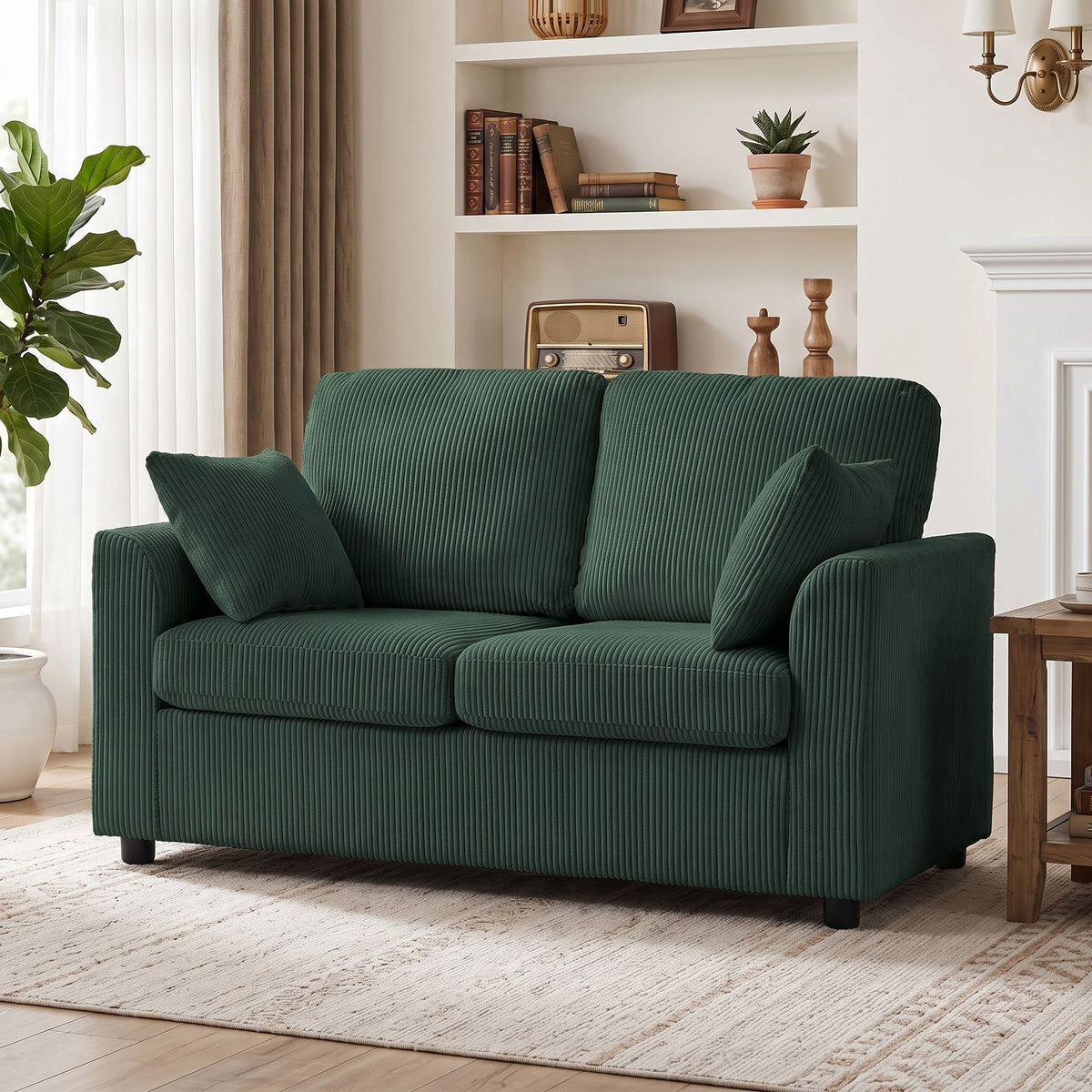2 Seater Sofa, 144cm Corduroy Small Couch with Spring Cushion, Wide and Deep Seat, Plush Backrest, 2 Pillows, Loveseat Sofa Settee for Small Space, Living Room, Bedroom, Home Office, Dark Green