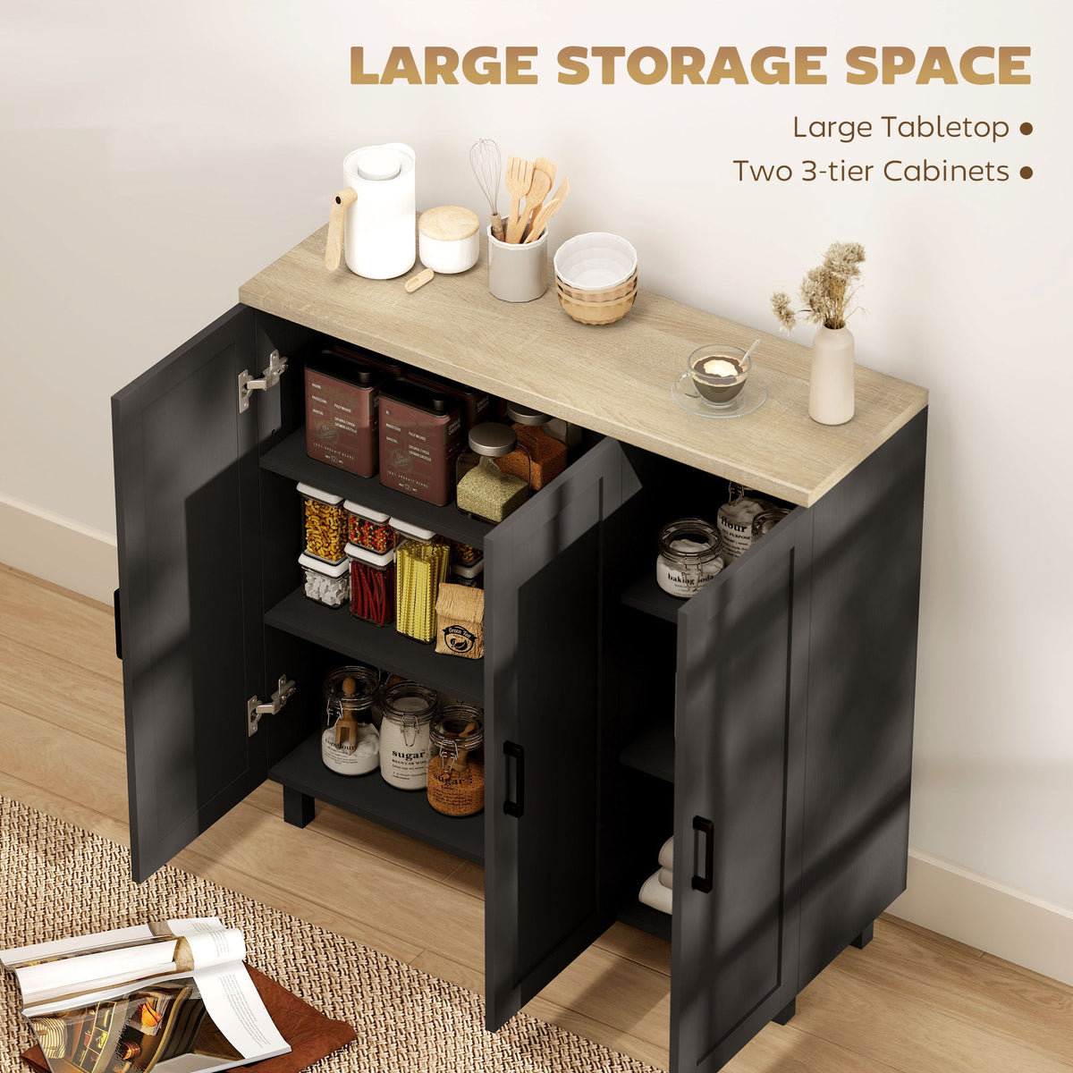 Sideboard Buffet Cabinet, Kitchen Storage Cabinet with 3 Doors and Adjustable Shelves for Living Room, Kitchen, Dining Room, Black