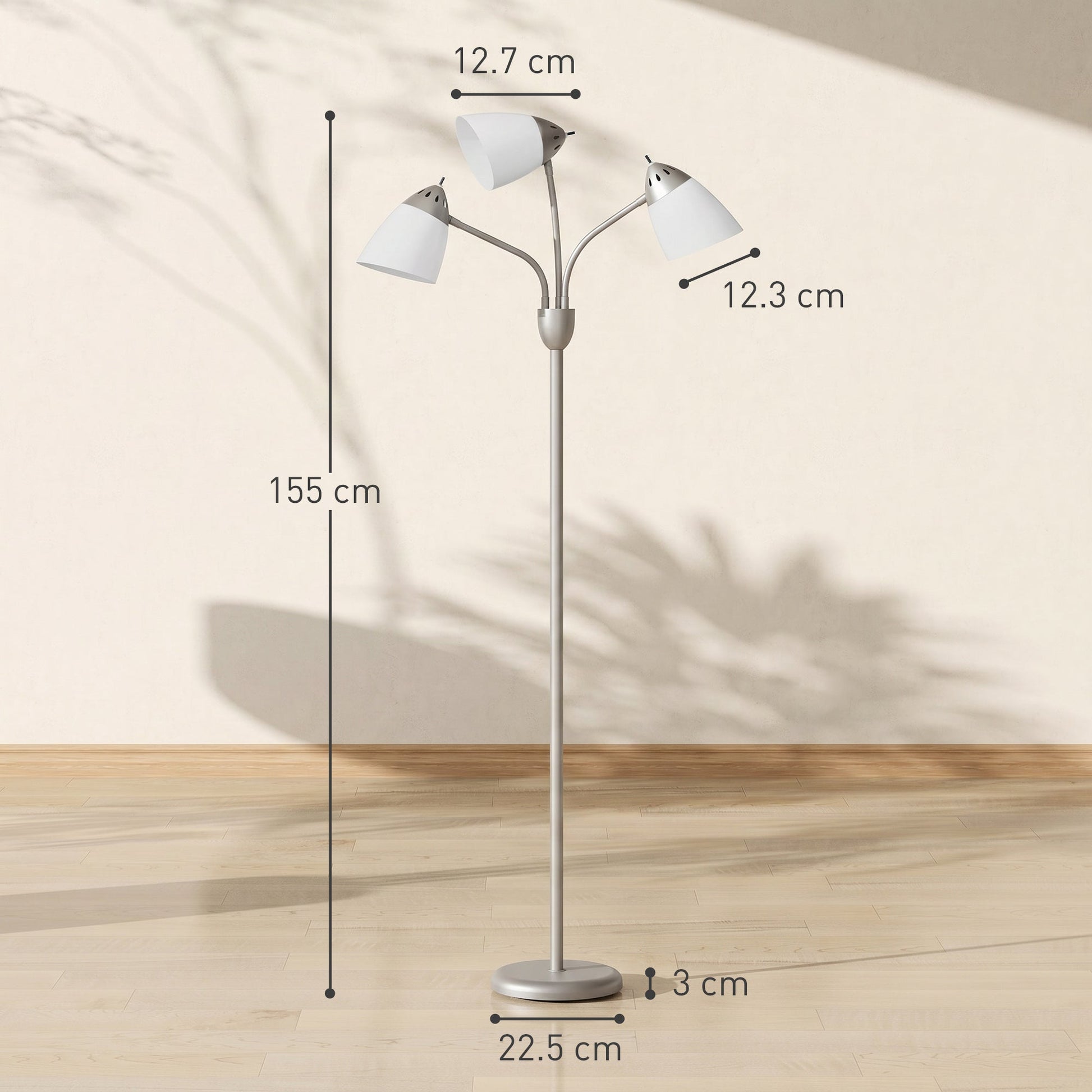Arc Tree Floor Lamp with 3 Adjustable Rotating Lights, Industrial Standing Lamp with Steel Frame for Bedroom Living Room, 155cm, Silver Tone
