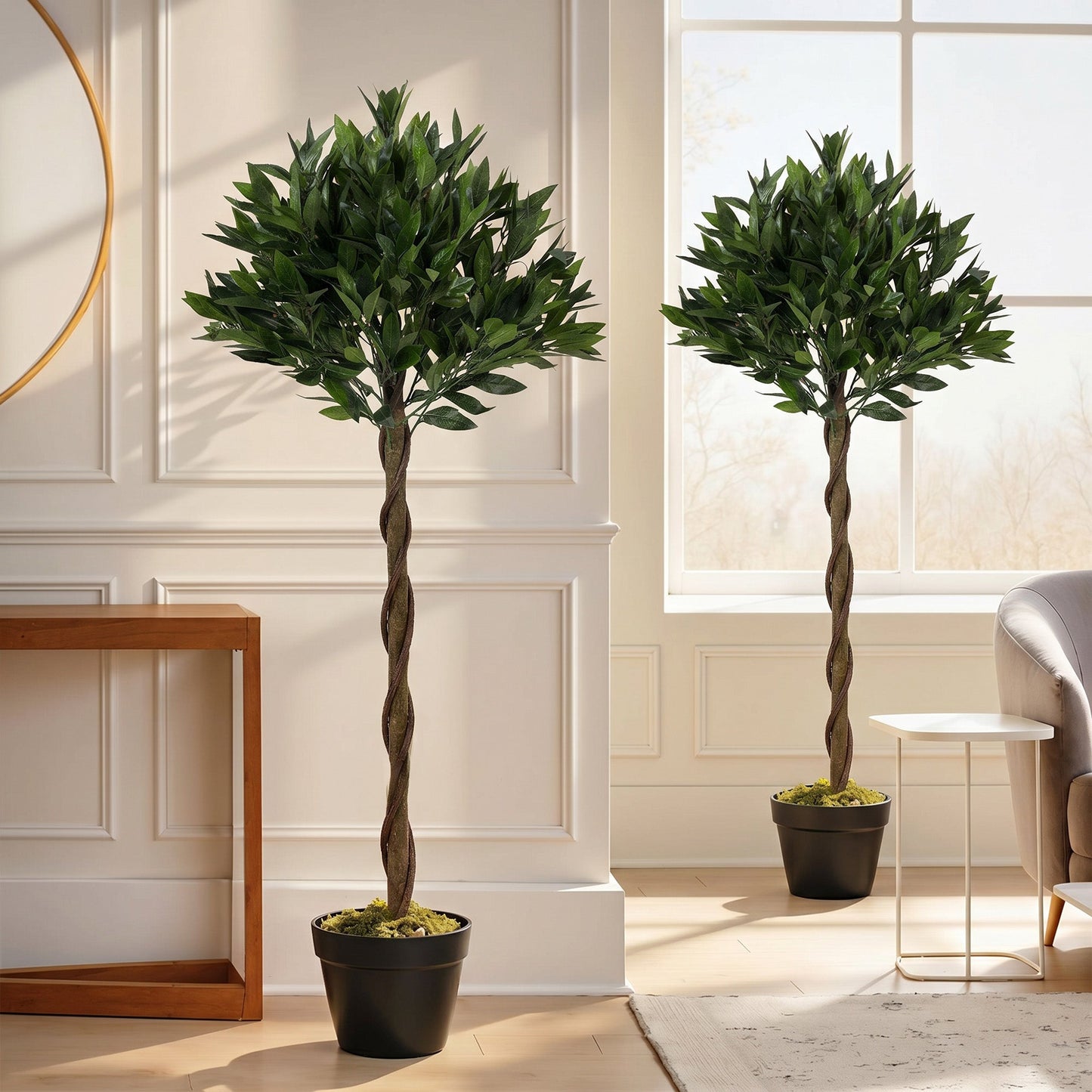 Artificial Bay Laurel Topiary Trees with Twisted Trunk, Realistic Lush Topiary Ball Tree with Weighted Pot, 120cm Indoor Greenery Plant for Home Office Garden Decor, Set of 2, Green