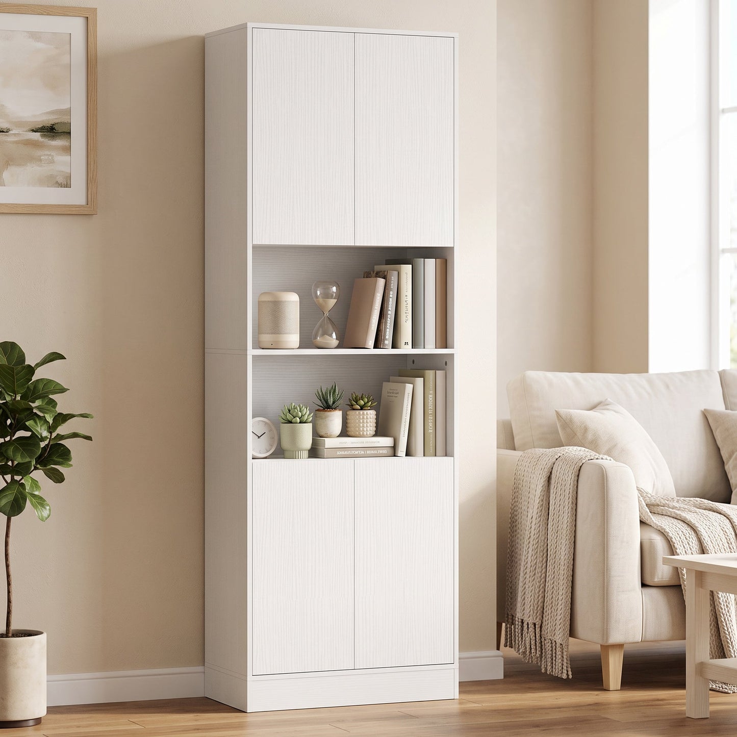 170 cm Tall Kitchen Cupboard, Pantry Storage Cabinet with Soft-Close Hinges, Freestanding Kitchen Cabinet with 2 Cupboards, 2 Open Shelves and Adjustable Shelves, White Wood Effect