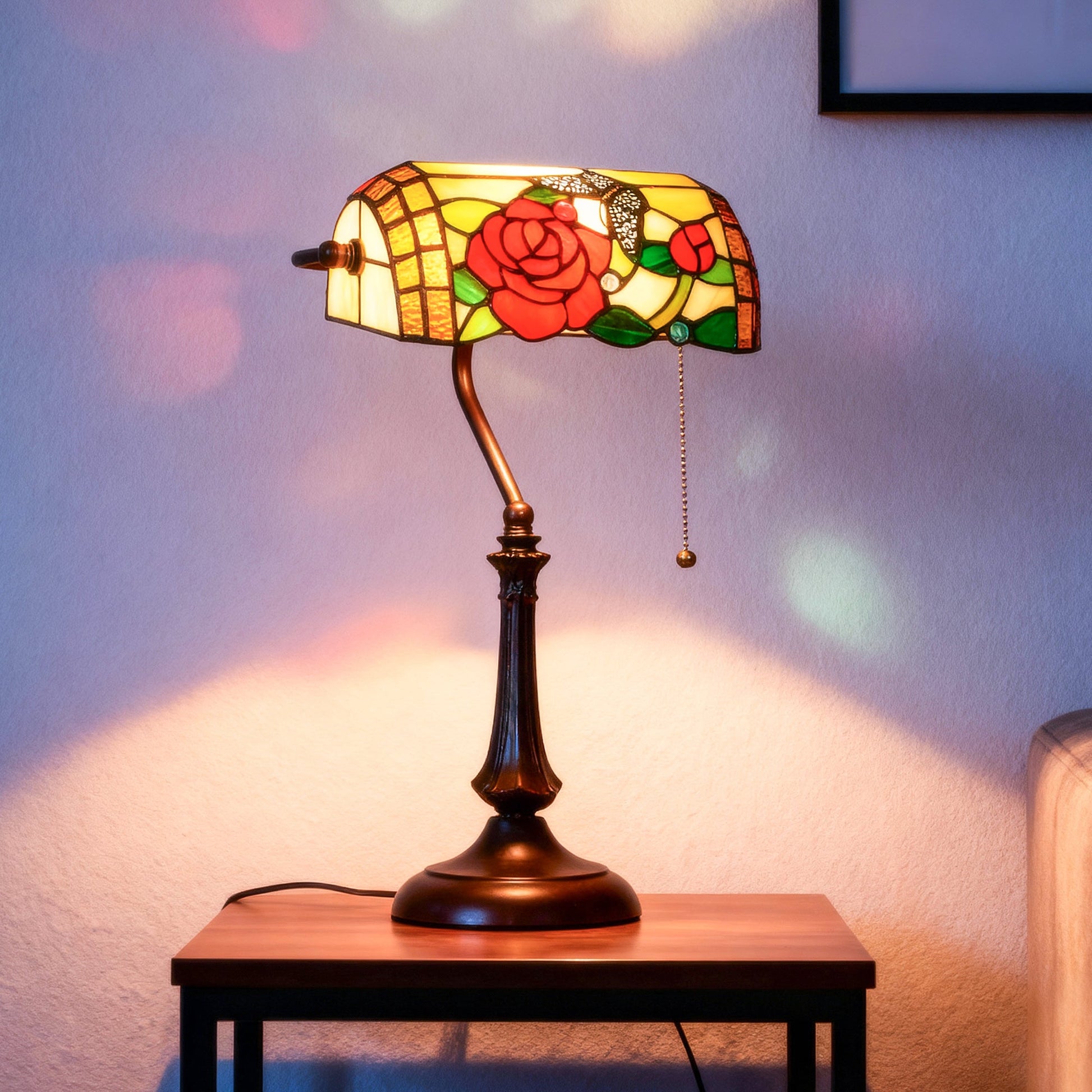 Tiffany-Style Glass Table Lamp with Rose and Butterfly Design, Handcrafted Antique Bedside Lamp with Dual Switch Control for Living Room and Bedroom, E27 Socket, No Assembly Required, Red