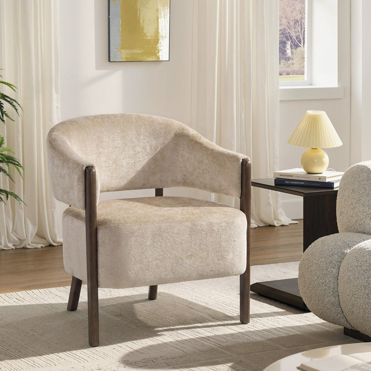 Accent Chair, Chenille Upholstered Tub Chair with Wide Seat, Solid Wood Frame and Legs, Comfy Armchair for Living Room, Bedroom, Beige