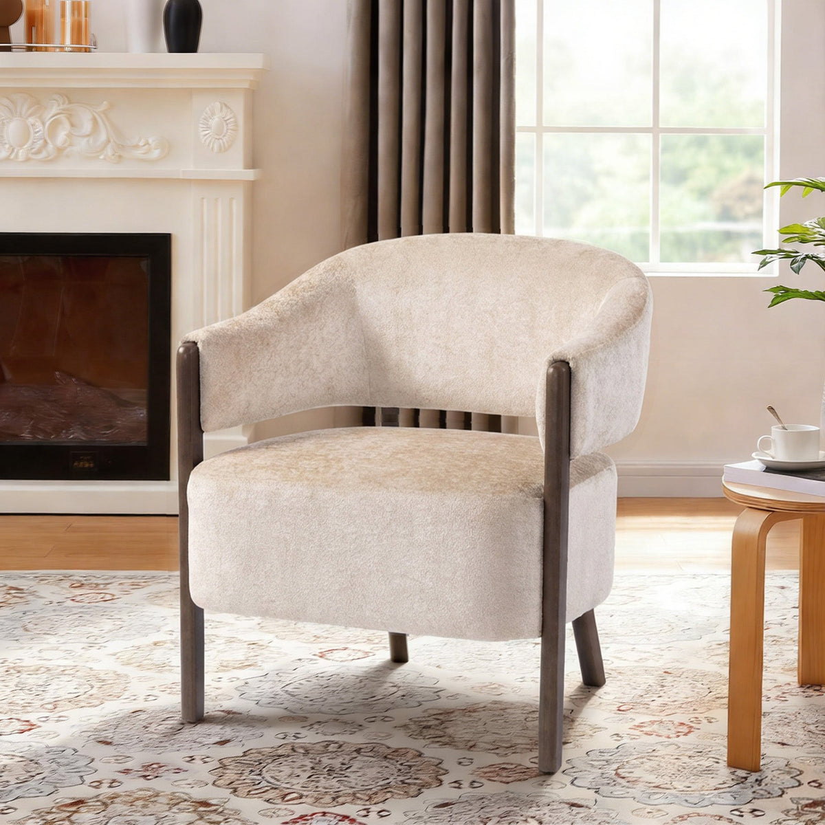 Accent Chair, Chenille Upholstered Tub Chair with Wide Seat, Solid Wood Frame and Legs, Comfy Armchair for Living Room, Bedroom, Beige
