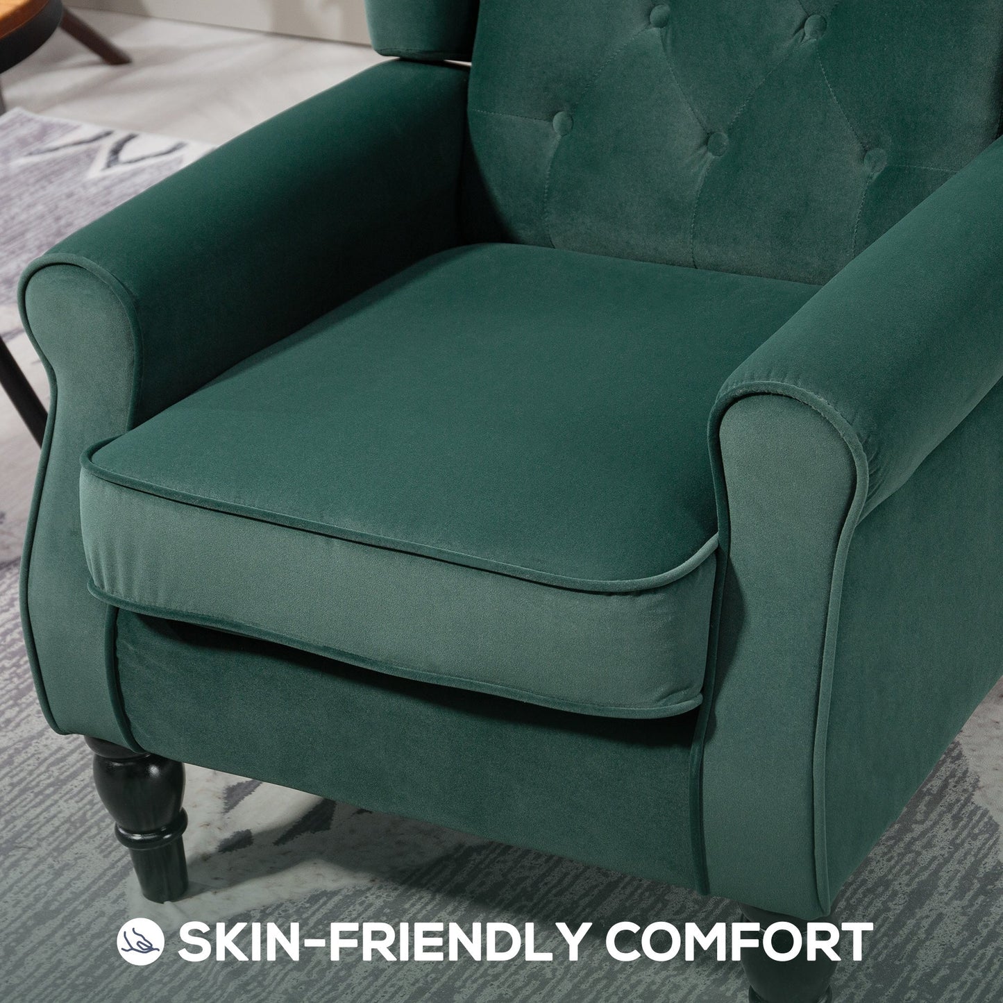 Retro Accent Chair, Velvet Wingback Armchair with Wood Frame Button Tufted Design for Living Room Bedroom, Green