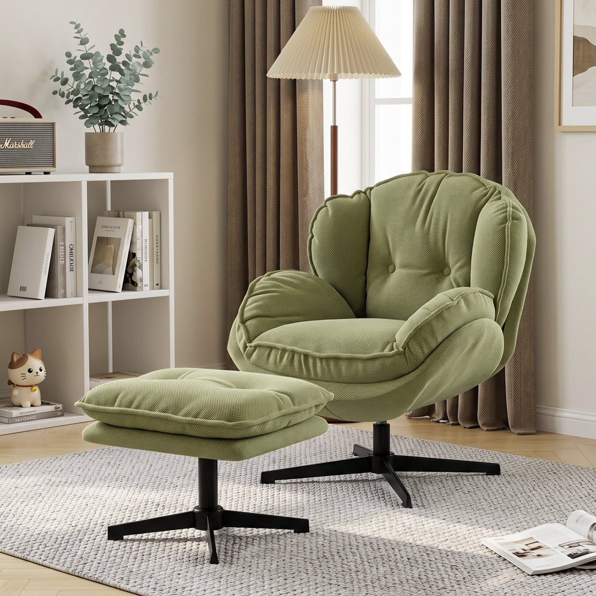 Armchair with Adjustable Footstool, 360° Swivel Chenille Cloud Accent Chair with Thick Cushion, Steel Base for Living Room, Bedroom, Green