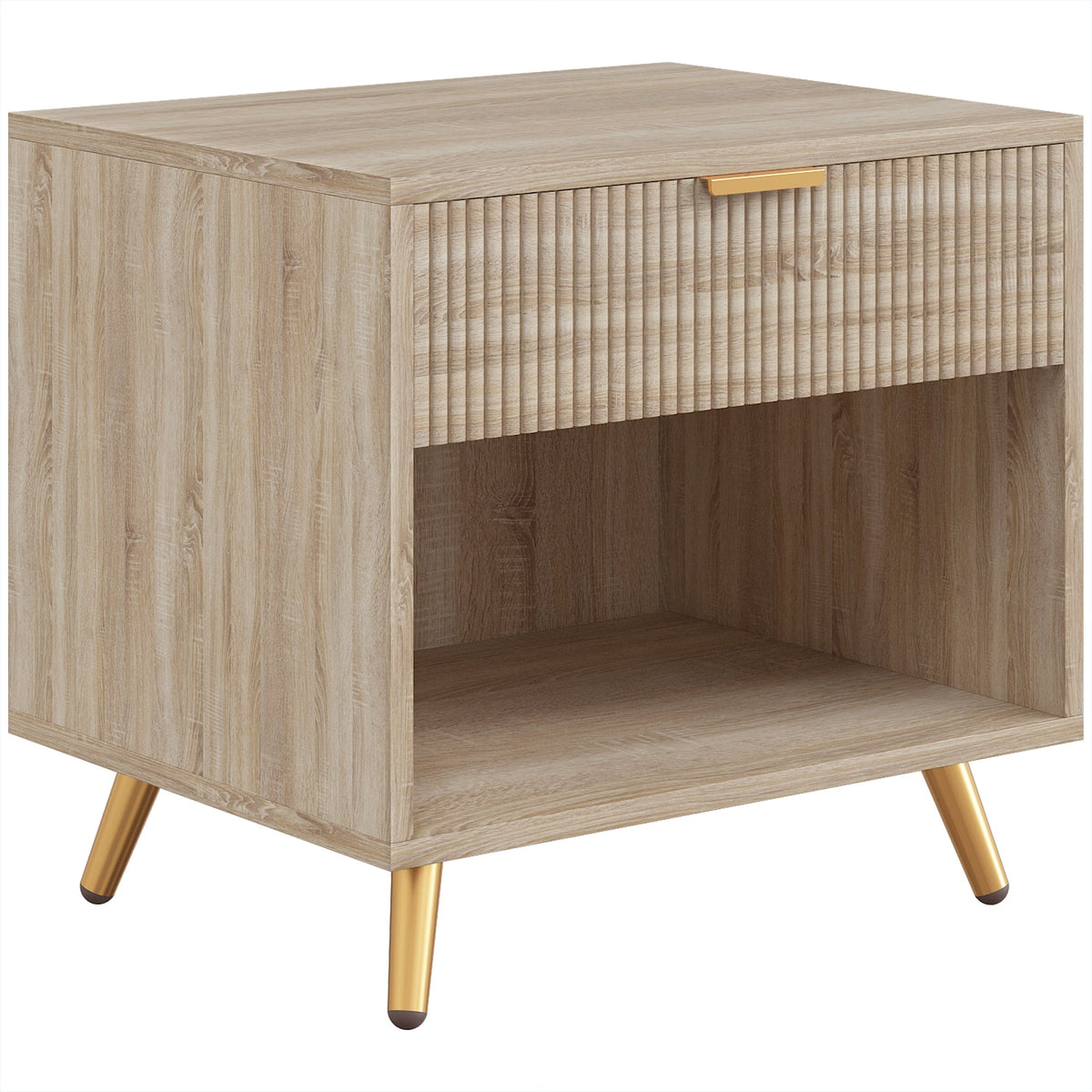 Bedside Table, Bedside Cabinet With Drawer and Open Compartment, Nightstand With Handle for Bedroom, Living Room, Natural Wood Finish