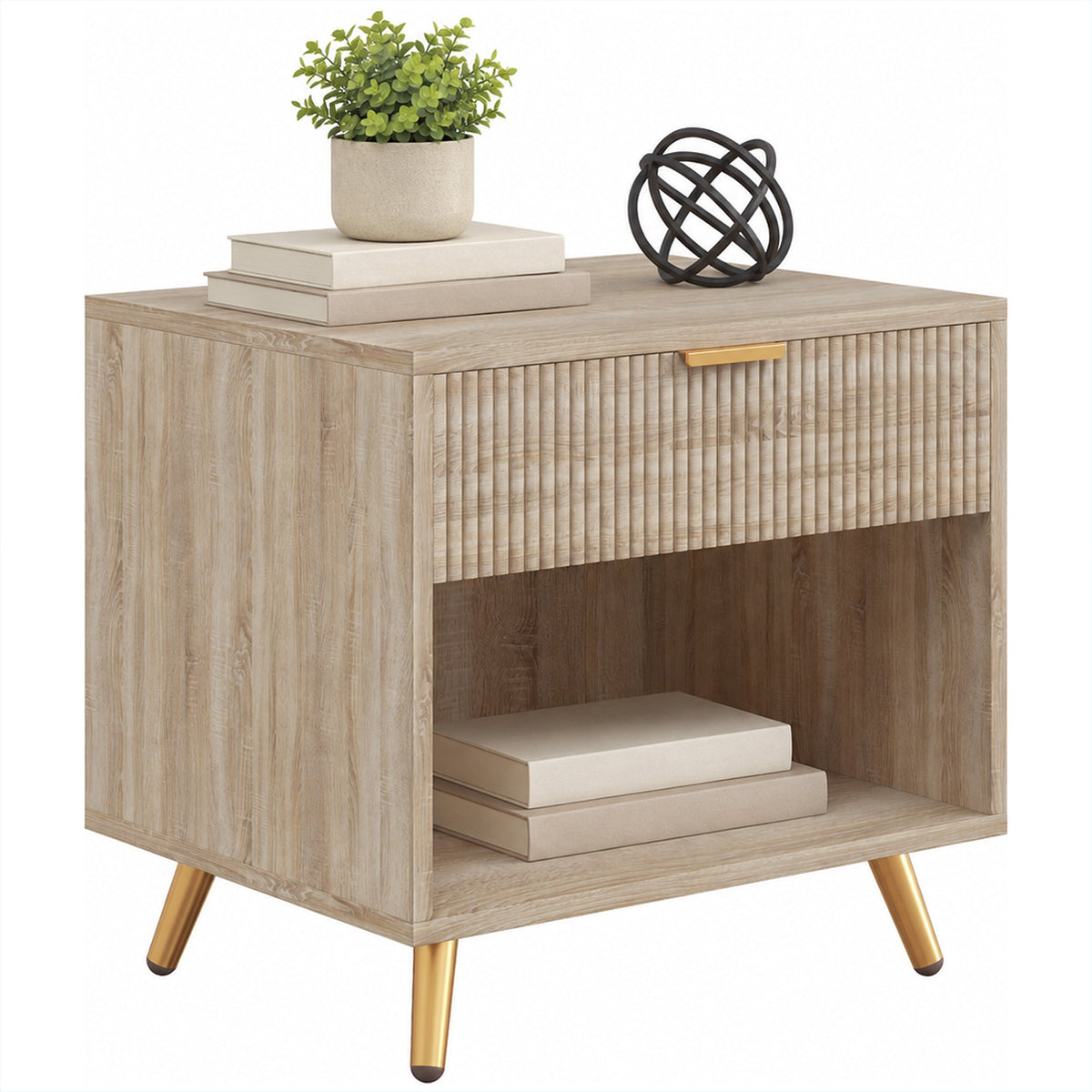 Bedside Table, Bedside Cabinet With Drawer and Open Compartment, Nightstand With Handle for Bedroom, Living Room, Natural Wood Finish