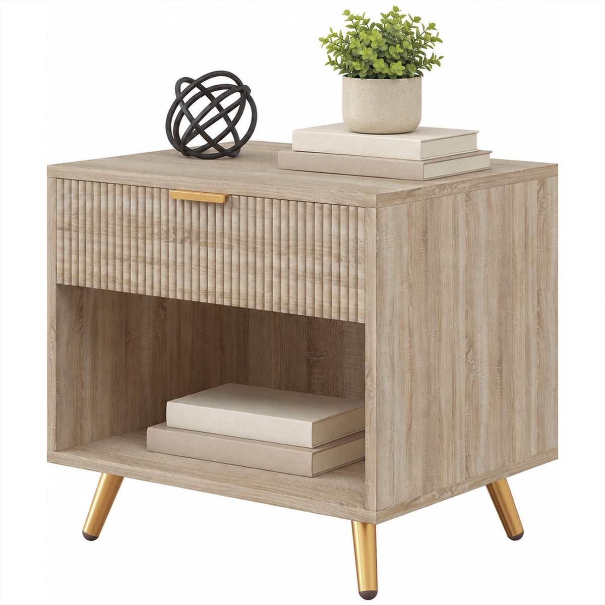 Bedside Table, Bedside Cabinet With Drawer and Open Compartment, Nightstand With Handle for Bedroom, Living Room, Natural Wood Finish