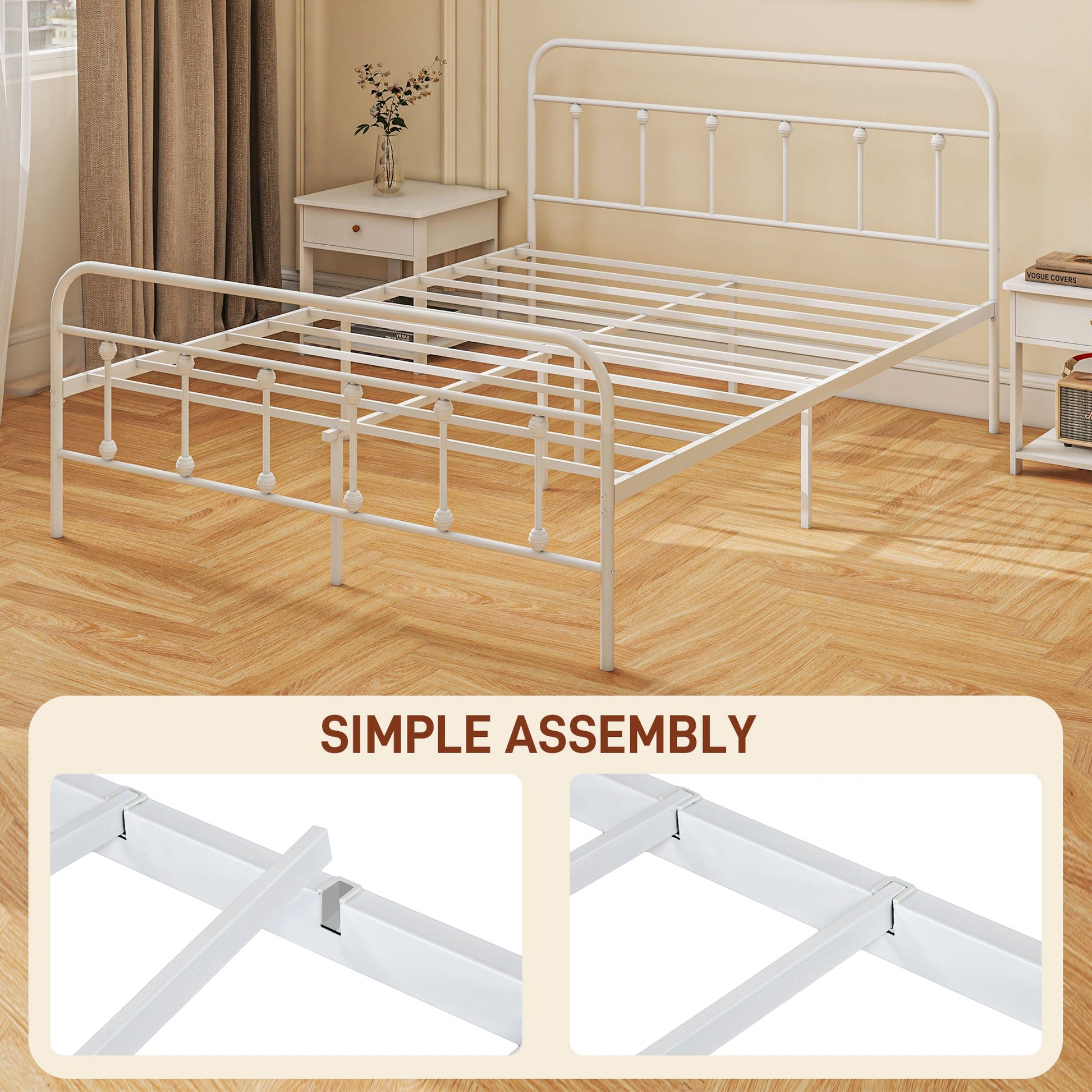 HOMCOM 5ft King Bed Frame with Underbed Storage, Metal Platform Bed frame with Tall Headboard, Footboard and Steel Slat Support, No Box Spring Needed, Easy Assembly, White