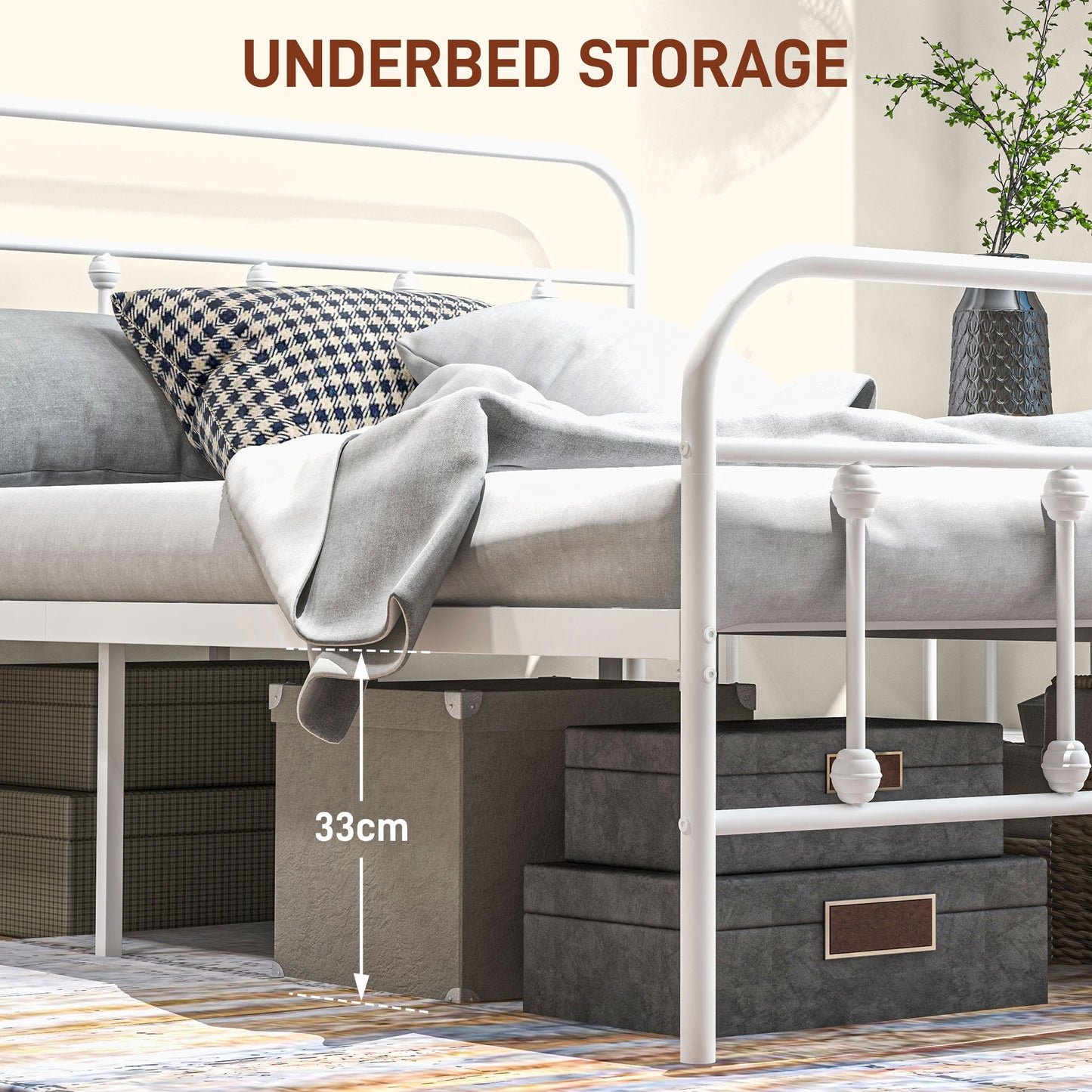 HOMCOM 5ft King Bed Frame with Underbed Storage, Metal Platform Bed frame with Tall Headboard, Footboard and Steel Slat Support, No Box Spring Needed, Easy Assembly, White