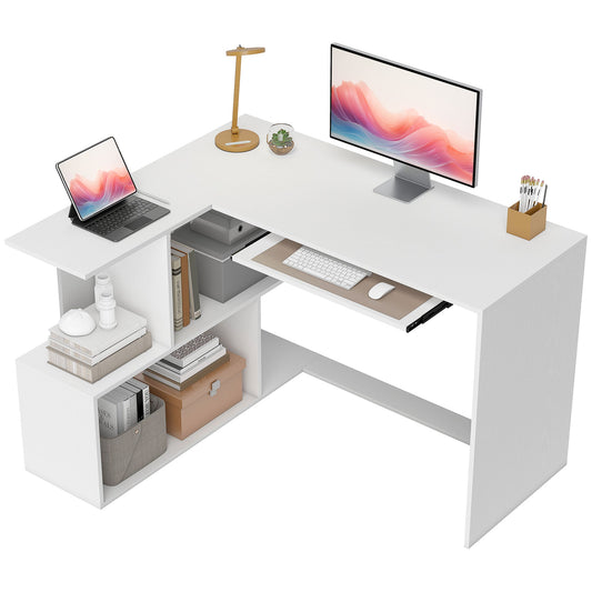 L-Shaped Corner Desk with Keyboard Tray, Computer Desk for Home Office with 4 Open Shelves, Space-Saving Study Workstation, 120 x 100 x 76 cm, White Wood Effect