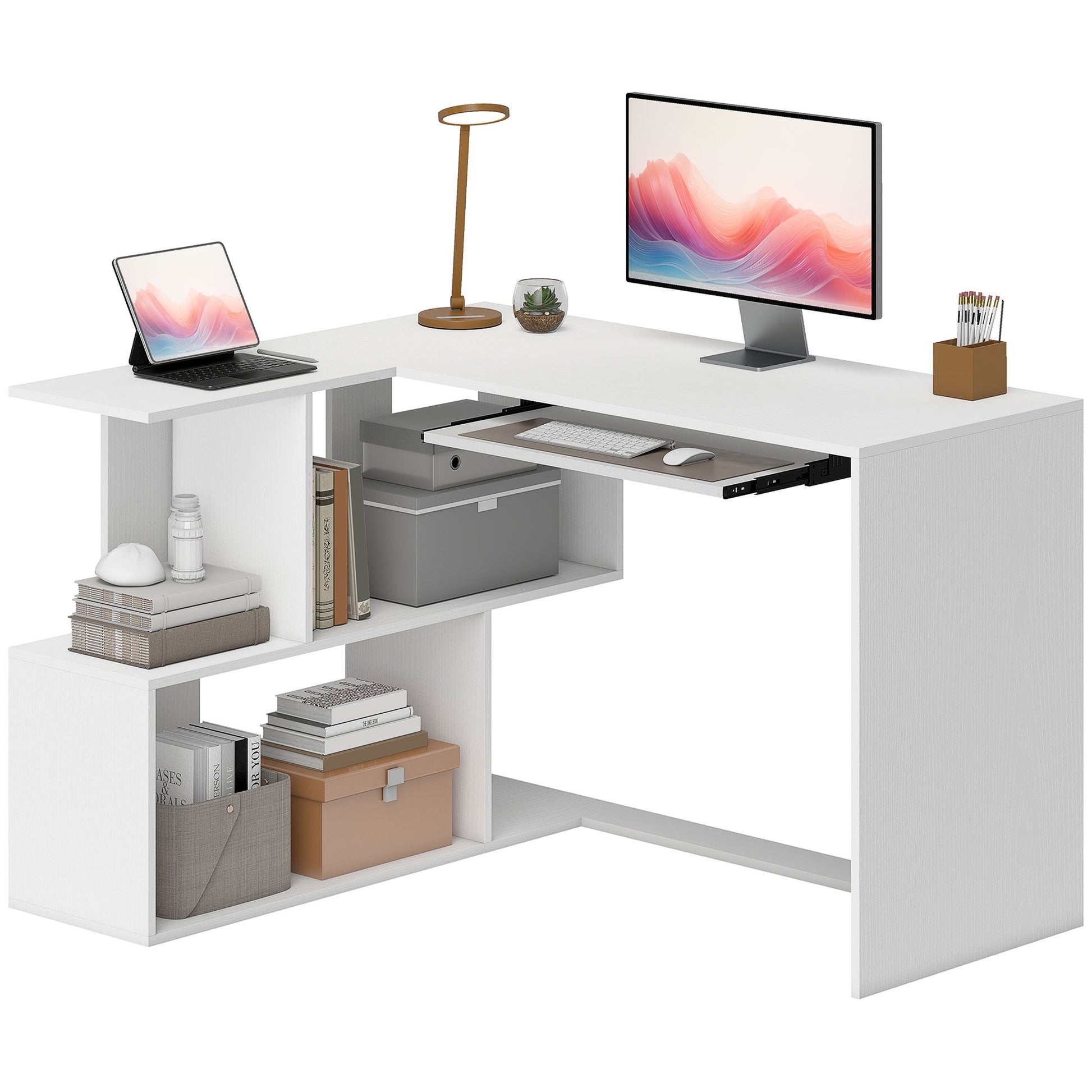 L-Shaped Corner Desk with Keyboard Tray, Computer Desk for Home Office with 4 Open Shelves, Space-Saving Study Workstation, 120 x 100 x 76 cm, White Wood Effect