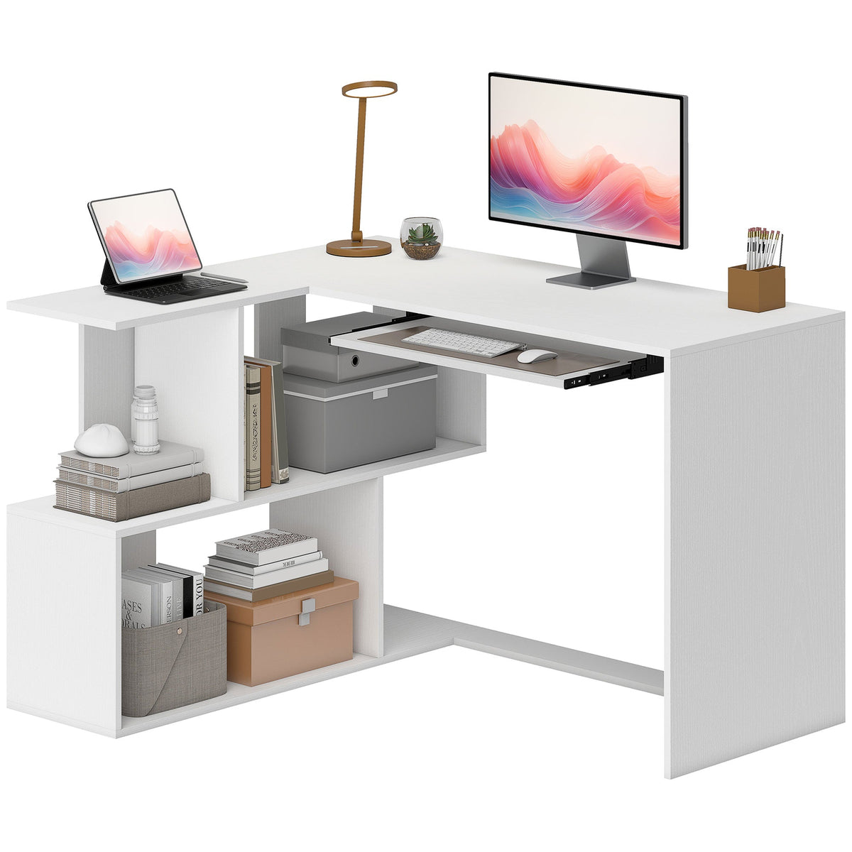 L-Shaped Corner Desk with Keyboard Tray, Computer Desk for Home Office with 4 Open Shelves, Space-Saving Study Workstation, 120 x 100 x 76 cm, White Wood Effect