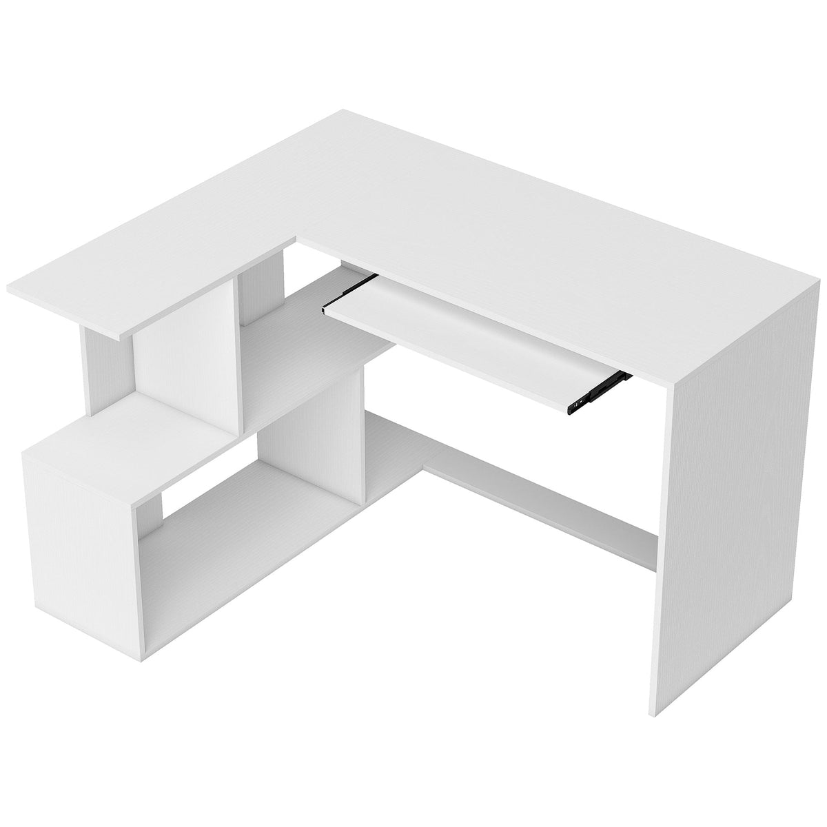 L-Shaped Corner Desk with Keyboard Tray, Computer Desk for Home Office with 4 Open Shelves, Space-Saving Study Workstation, 120 x 100 x 76 cm, White Wood Effect