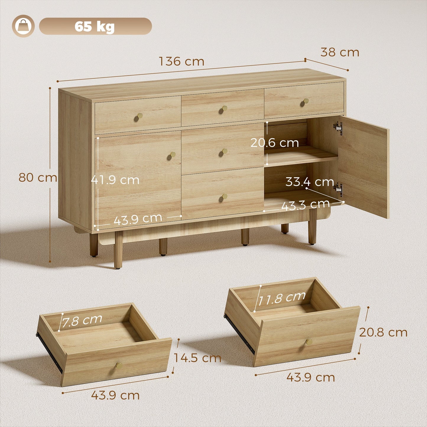 Modern Sideboard, Buffet Cabinet, Storage Cupboards with Adjustable Shelf, 5 Drawers and 2 Cabinets, 136 x 38 x 80 cm, for Living Room, Kitchen, Dining Room