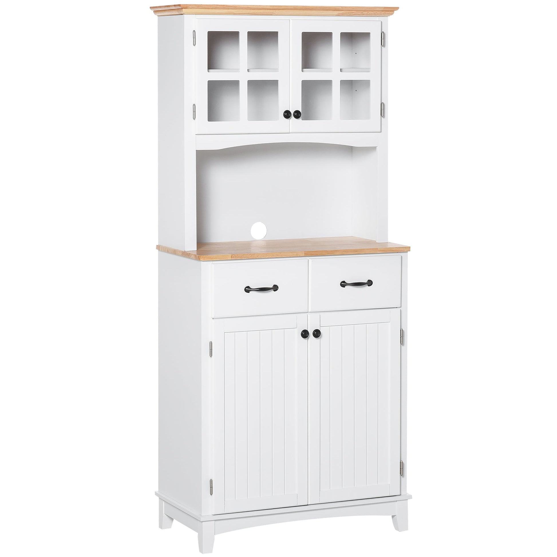Freestanding Kitchen Cupboard, Kitchen Storage Cabinet with Framed Glass Doors, 2 Drawers, Microwave Counter, 172cm, White