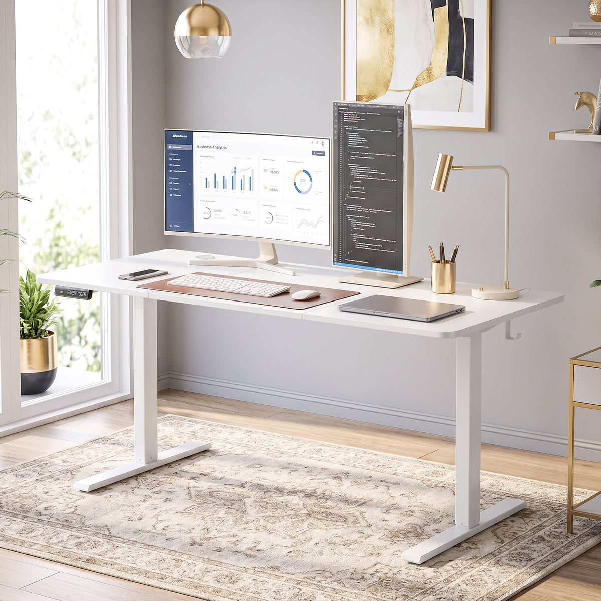 Electric Standing Desk Height Adjustable 140 x 60cm, Sit Stand Desk with 3 Memory Presets, Quiet Home Office Computer Desk with LED Display, Cable Holes & Hooks for Bedroom, Home Office, White