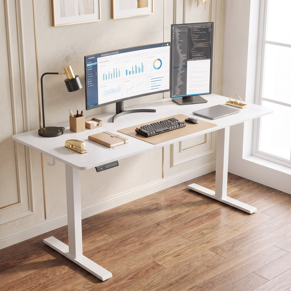 Electric Standing Desk Height Adjustable 140 x 60cm, Sit Stand Desk with 3 Memory Presets, Quiet Home Office Computer Desk with LED Display, Cable Holes & Hooks for Bedroom, Home Office, White