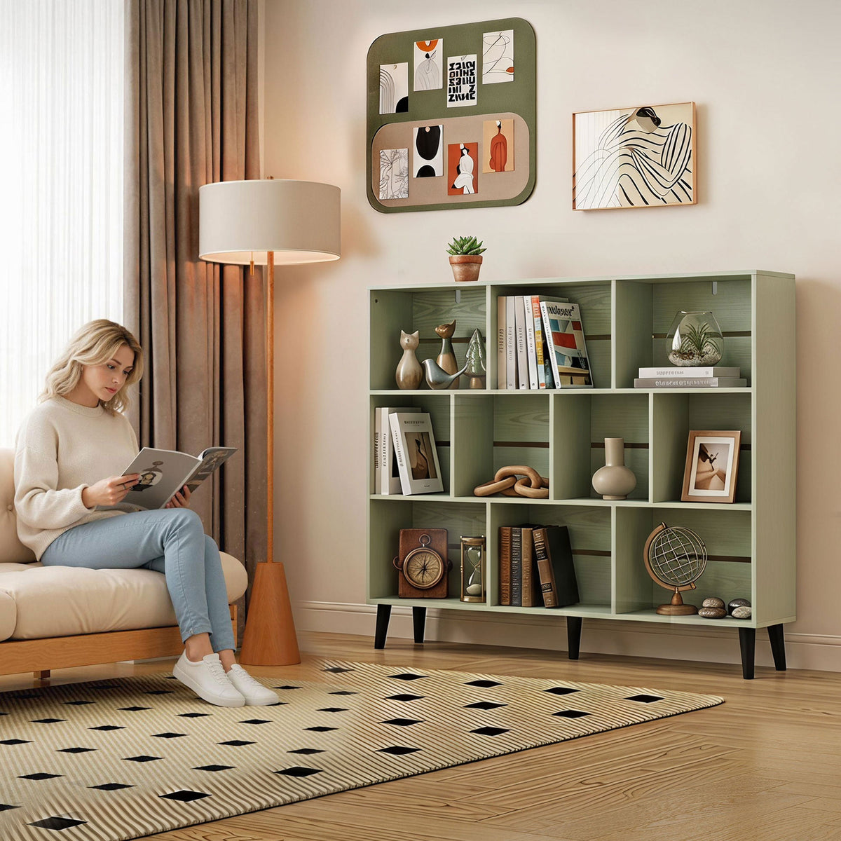10-Cube Bookshelf, 3-Tier Bookcase with Solid Wood Legs, 140 cm Modern Freestanding Book Shelf with Anti-Tip Kit for Bedroom Living Room Study Office, Light Green