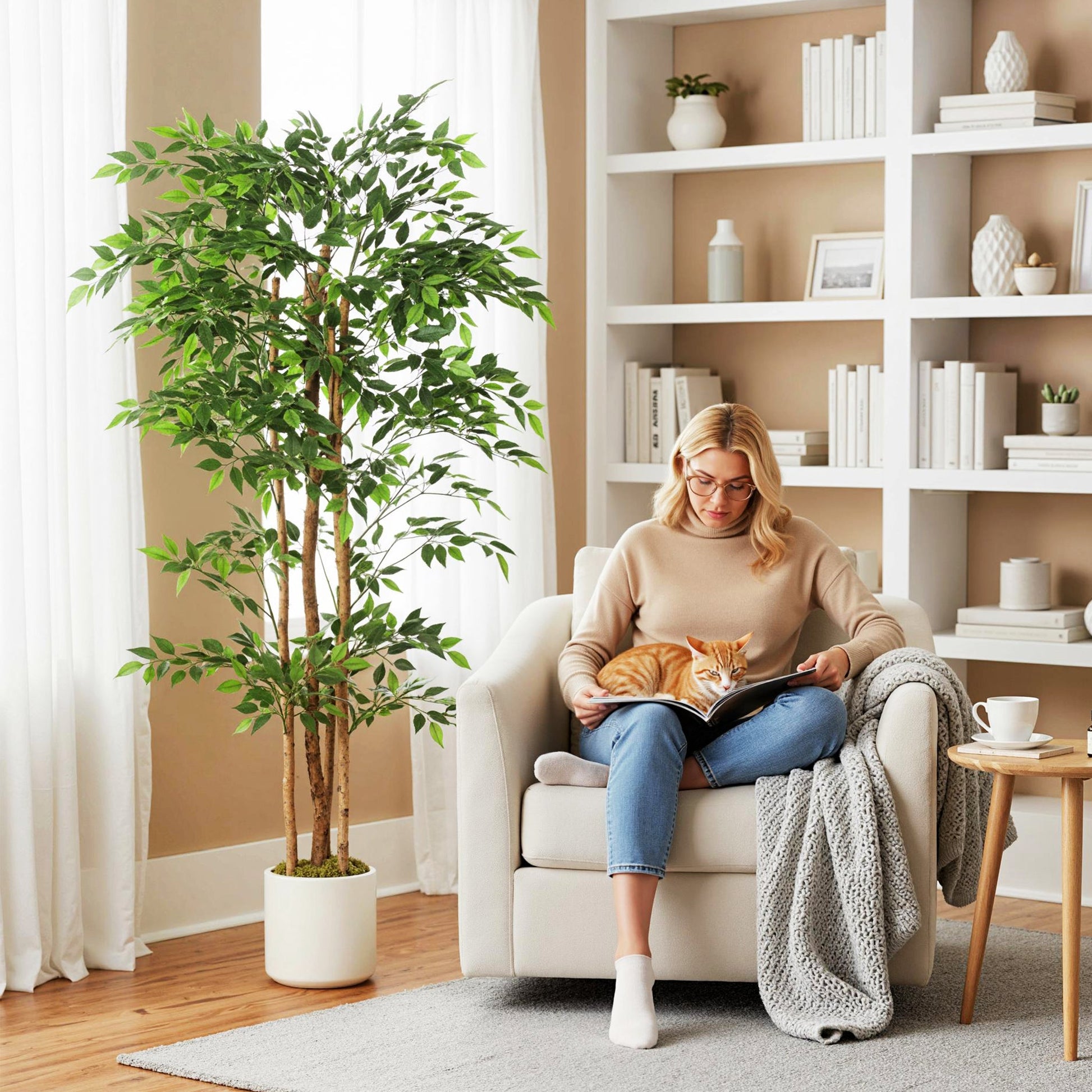 180cm Artificial Ficus Tree, Decorative Artificial Plant with Solid Wood Trunk and Pot for Indoor Living Room Home Office Decor, Green
