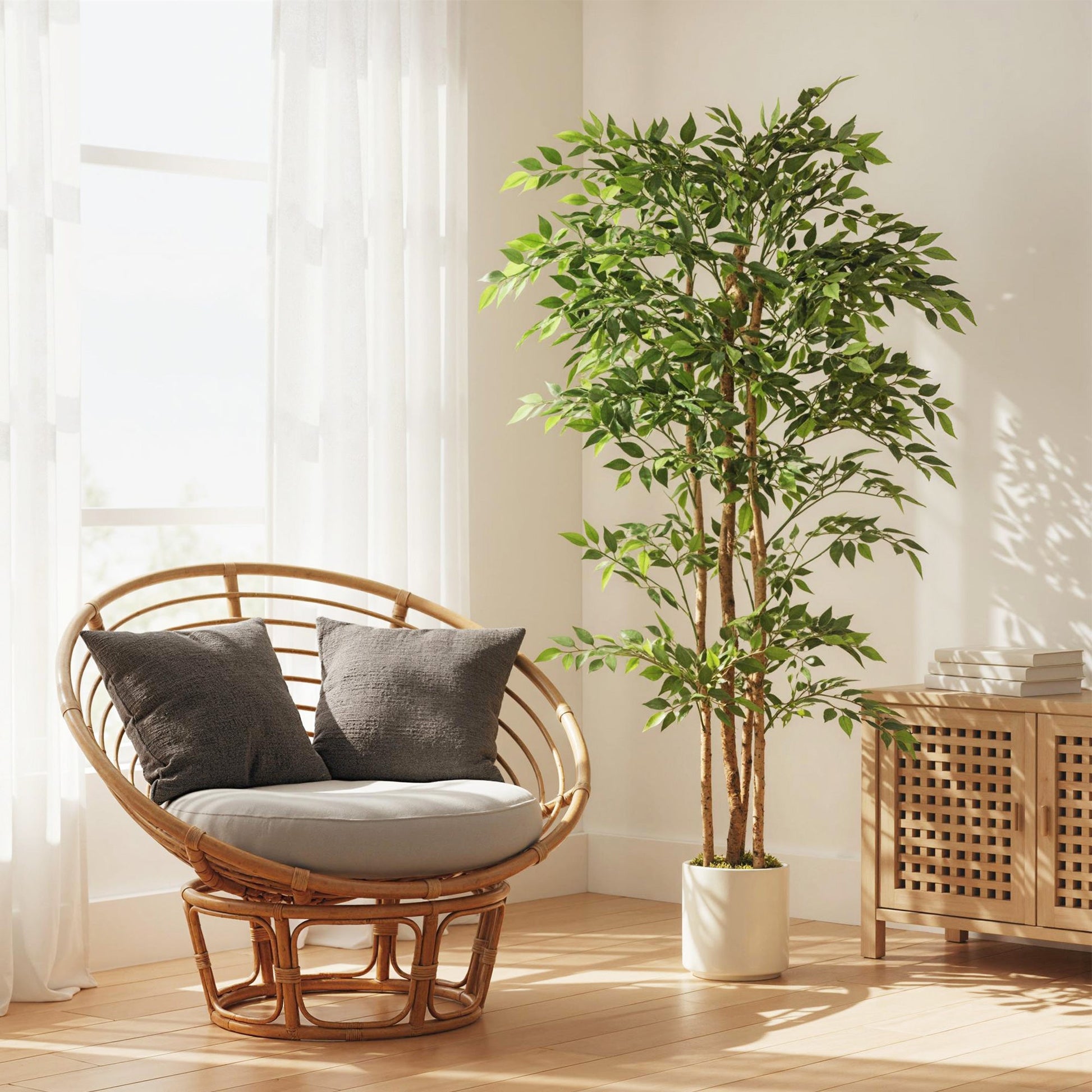180cm Artificial Ficus Tree, Decorative Artificial Plant with Solid Wood Trunk and Pot for Indoor Living Room Home Office Decor, Green