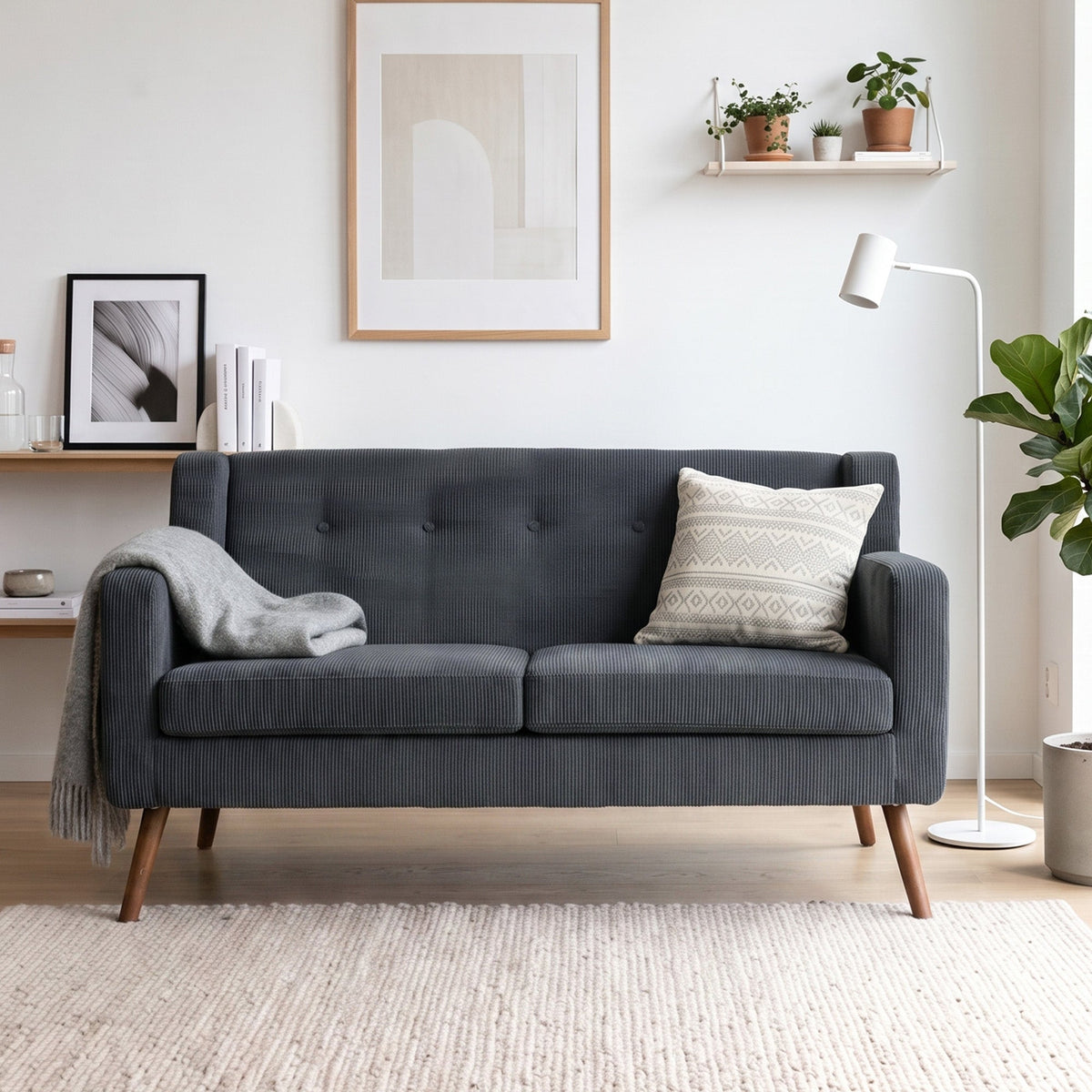 2 Seater Sofa, 118 cm Corduroy Small Sofa with Spring Cushion, Compact Tufted Loveseat Sofa Settee with Wooden Legs for Small Space, Living Room, Bedroom, Home Office, Dark Grey