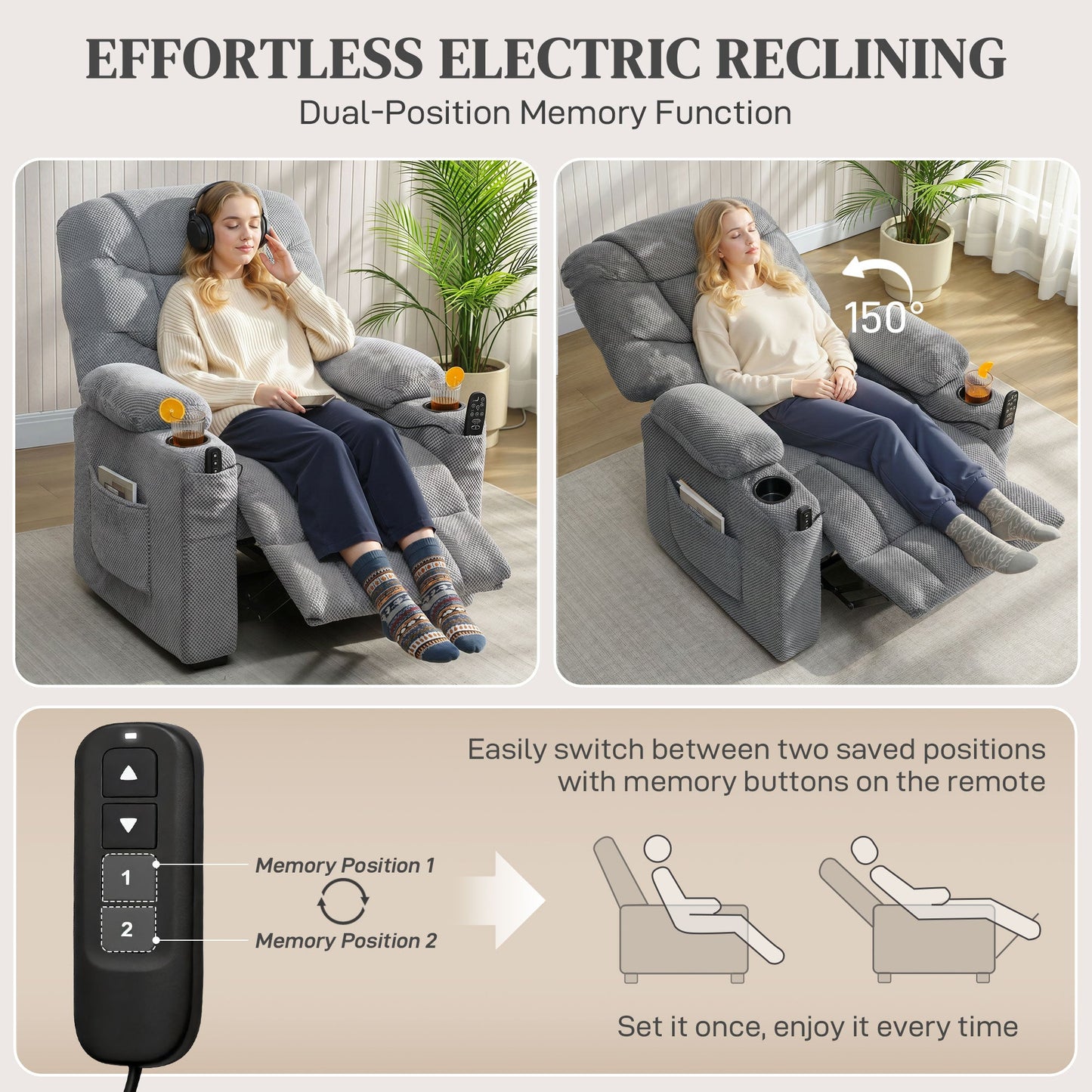 Recliner Armchair with Vibration Massage, Heat, Whisper-Quiet Motor, Memory Function, Fleece Power Reclining Chair with Spring Pack, USB Port, Footrest, Side Pockets, Cup Holders, Dark Grey