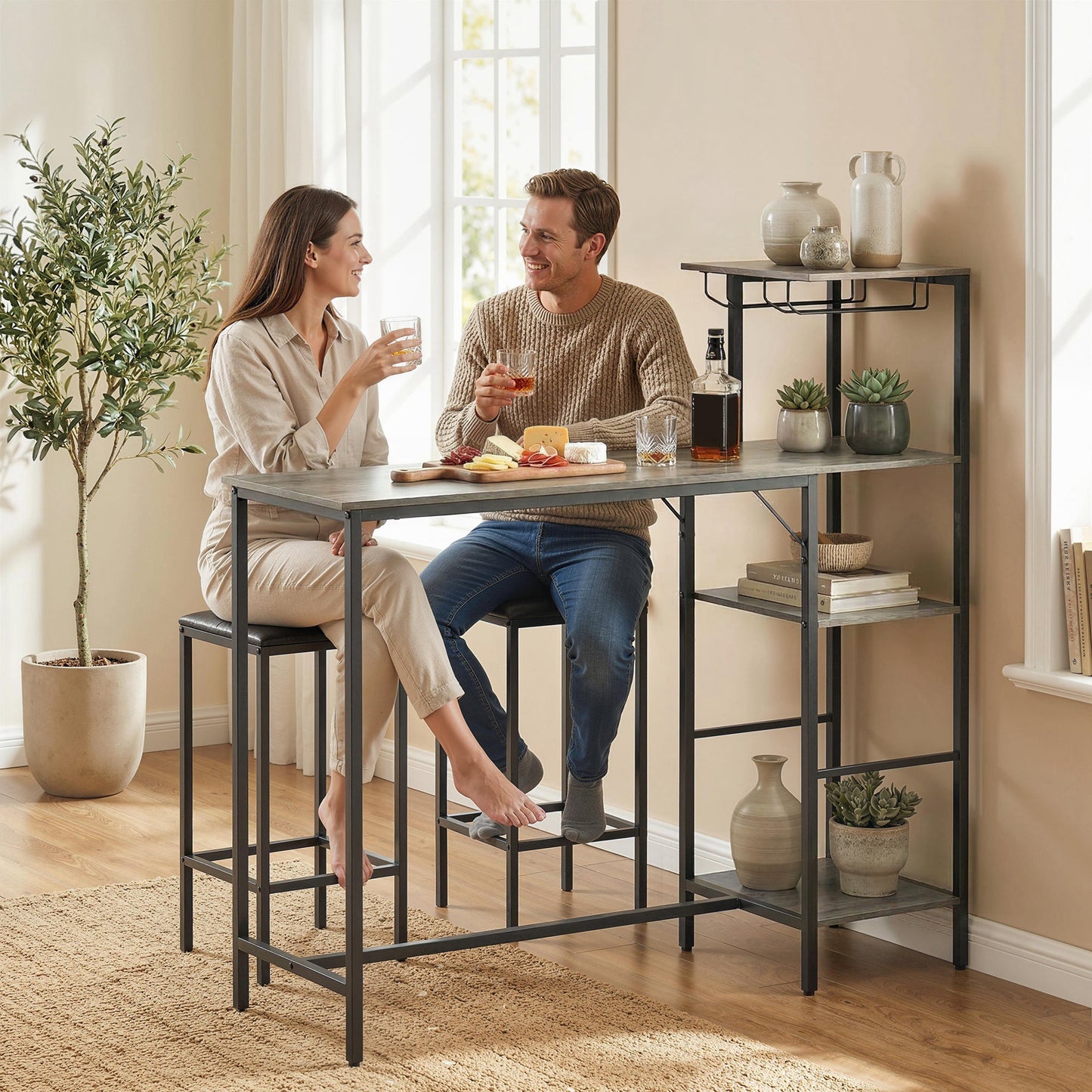 3 Piece Breakfast Bar Table and Stools Set, Dining Table with 4-tier shelving and Glasses Holders, 2 PU Leather Bar Stools with Footrest for Kitchen, Dining Room, Pub, Washed Grey