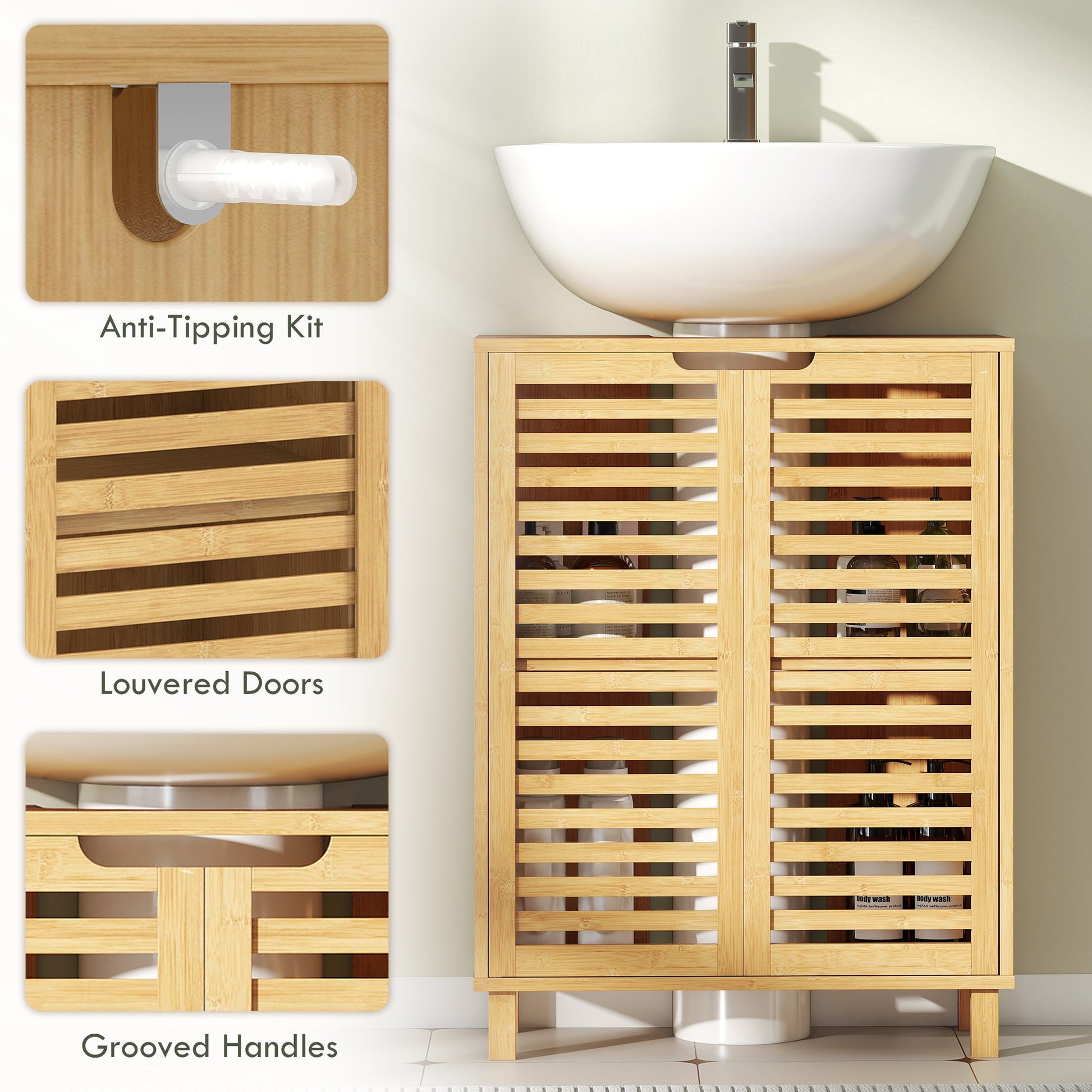 Under Sink Bathroom Cabinet, Freestanding Bamboo Under Sink Cabinet with Louvered Doors and Adjustable Shelf for Basin without or with Pedestal, Natural