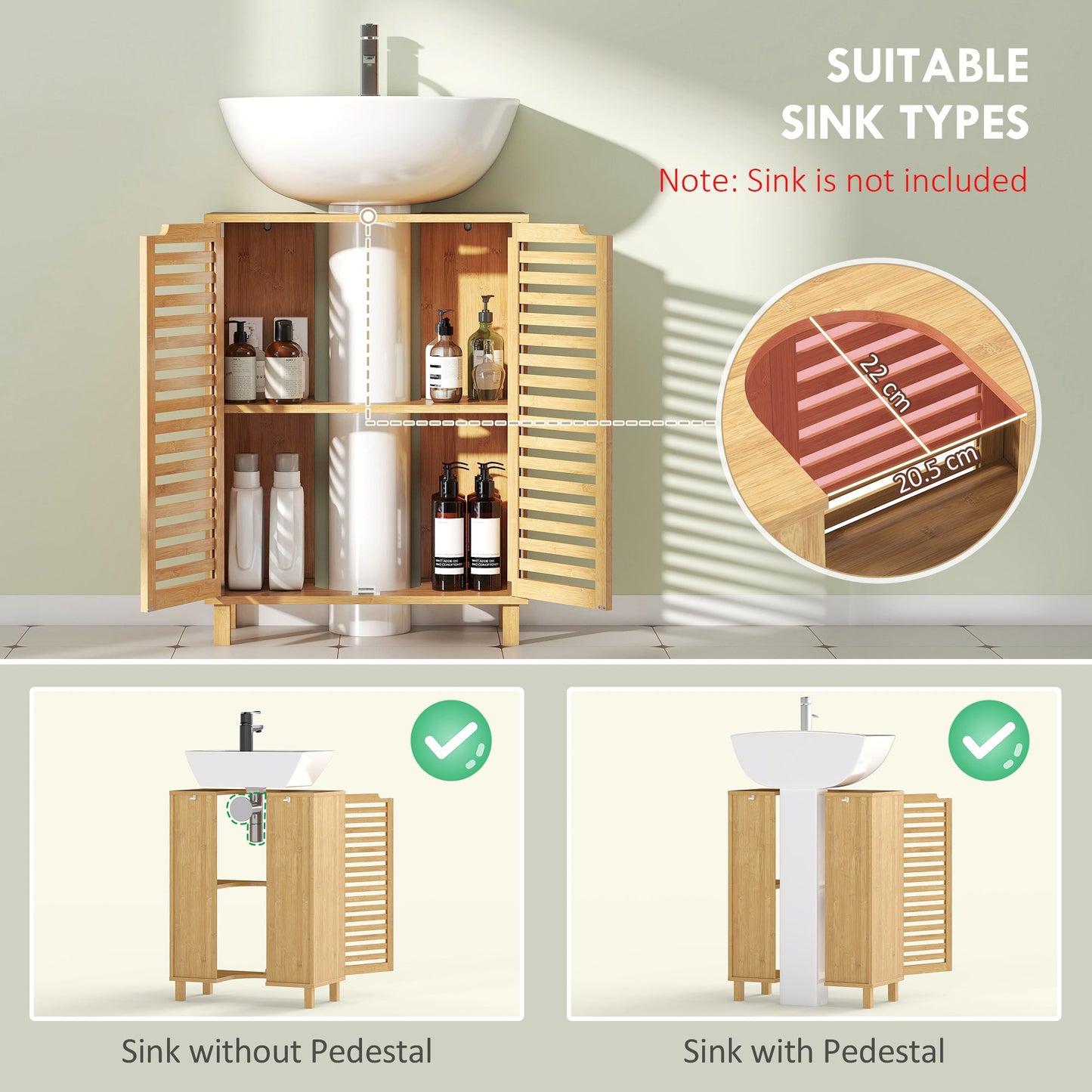 Under Sink Bathroom Cabinet, Freestanding Bamboo Under Sink Cabinet with Louvered Doors and Adjustable Shelf for Basin without or with Pedestal, Natural