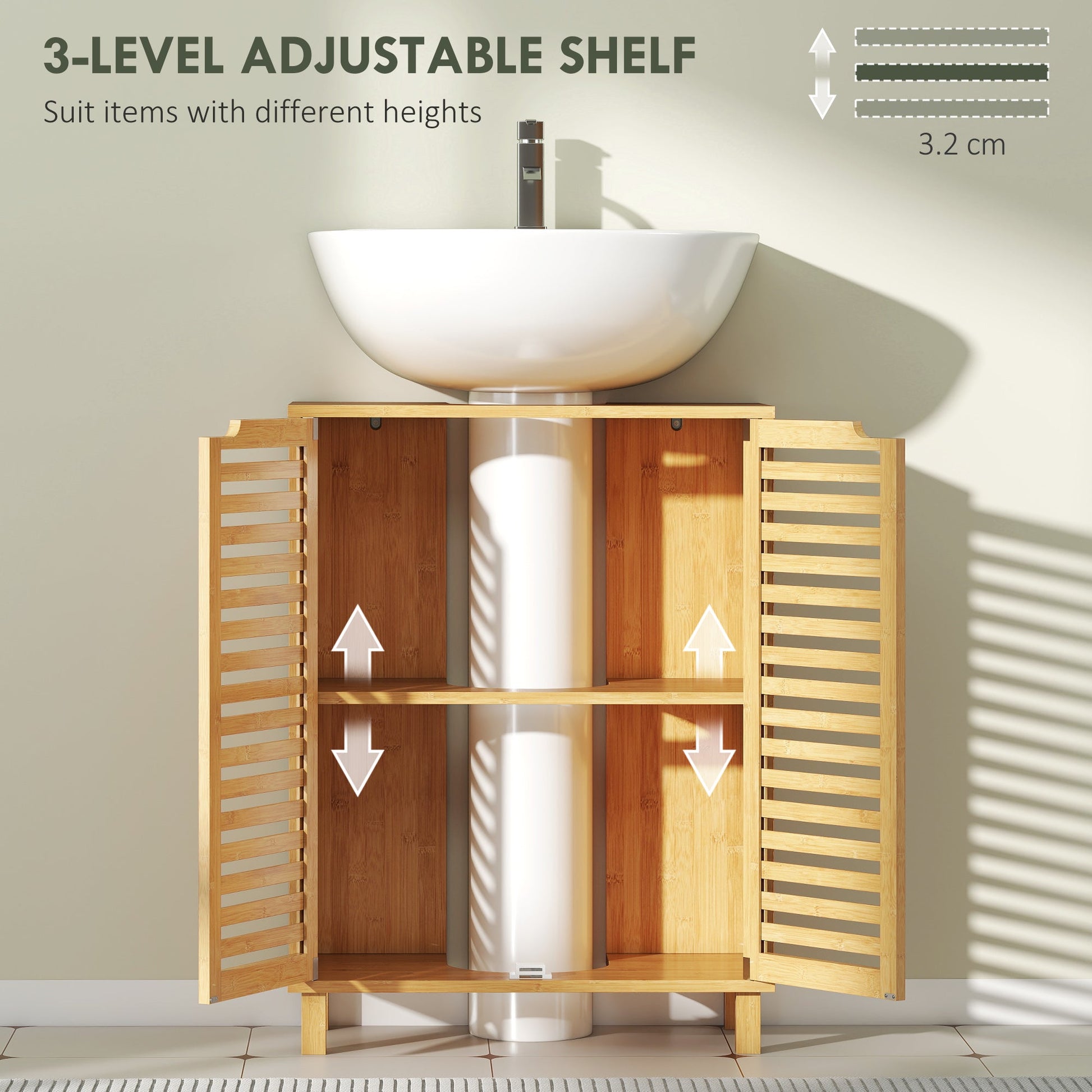 Under Sink Bathroom Cabinet, Freestanding Bamboo Under Sink Cabinet with Louvered Doors and Adjustable Shelf for Basin without or with Pedestal, Natural