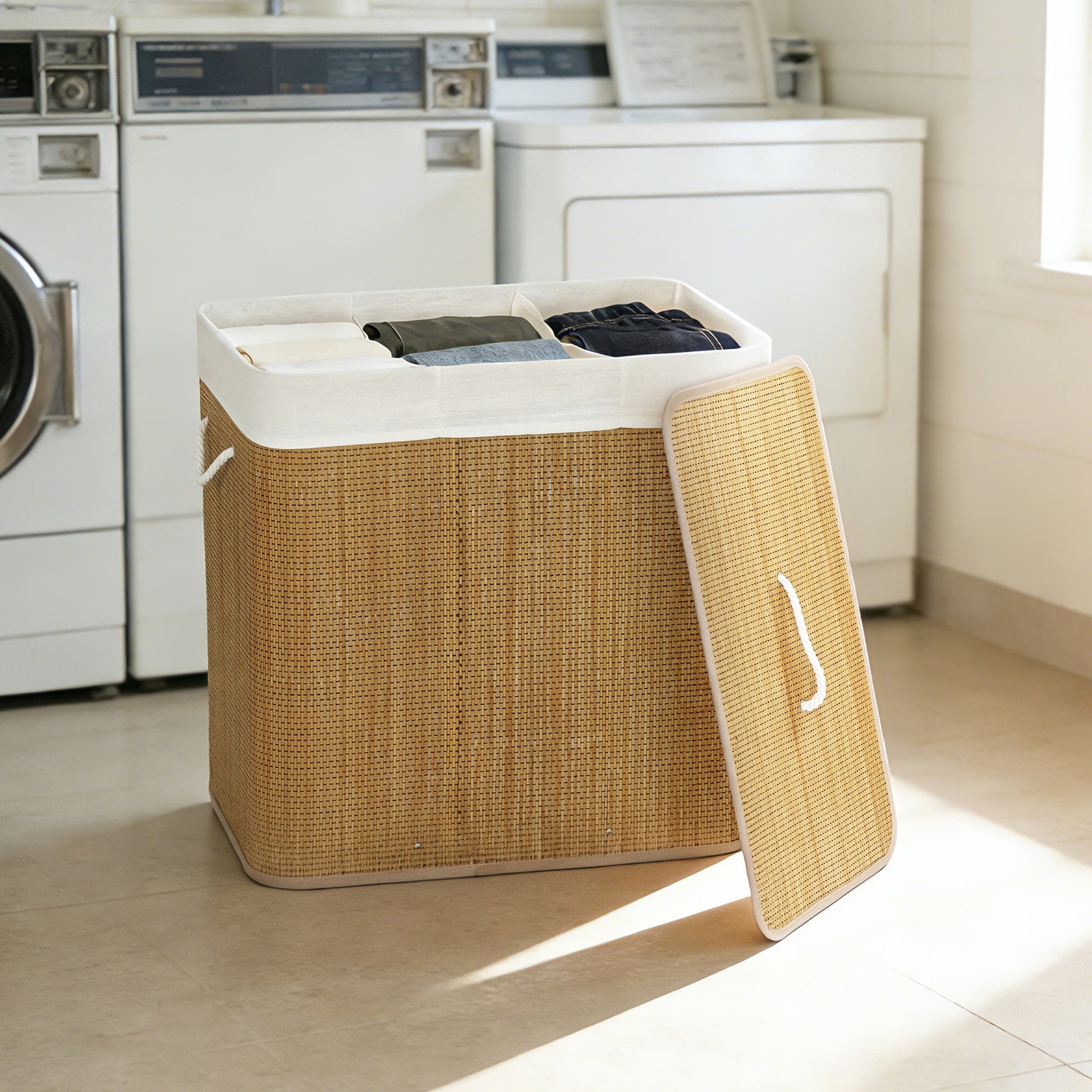 144L Laundry Basket with Lid, 3 Section Bamboo Laundry Hamper with Removable and Washable Liner, Handles, Dirty Clothes Hamper for Bathroom, Bedroom, Brown