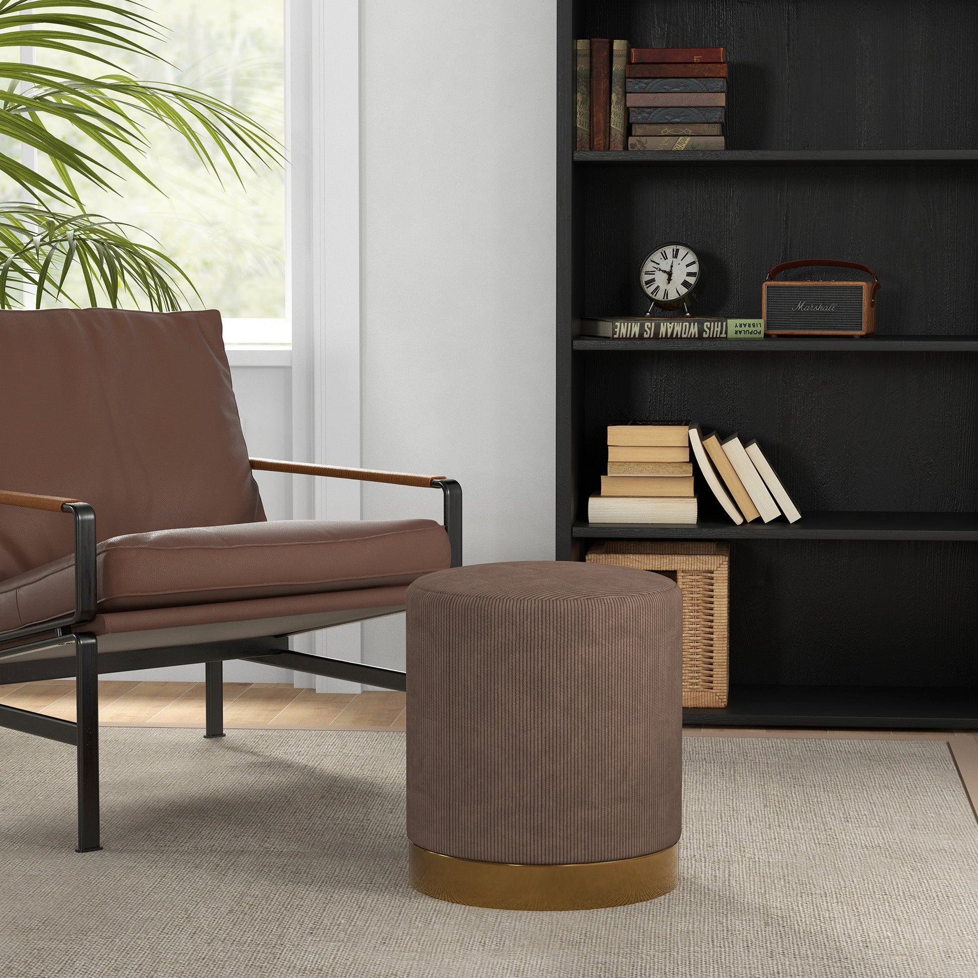 HOMCOM Modern Round Footstool, Corduroy Fabric Upholstered Foot Stool with Padded Seat for Living Room, Entryway, Light Brown