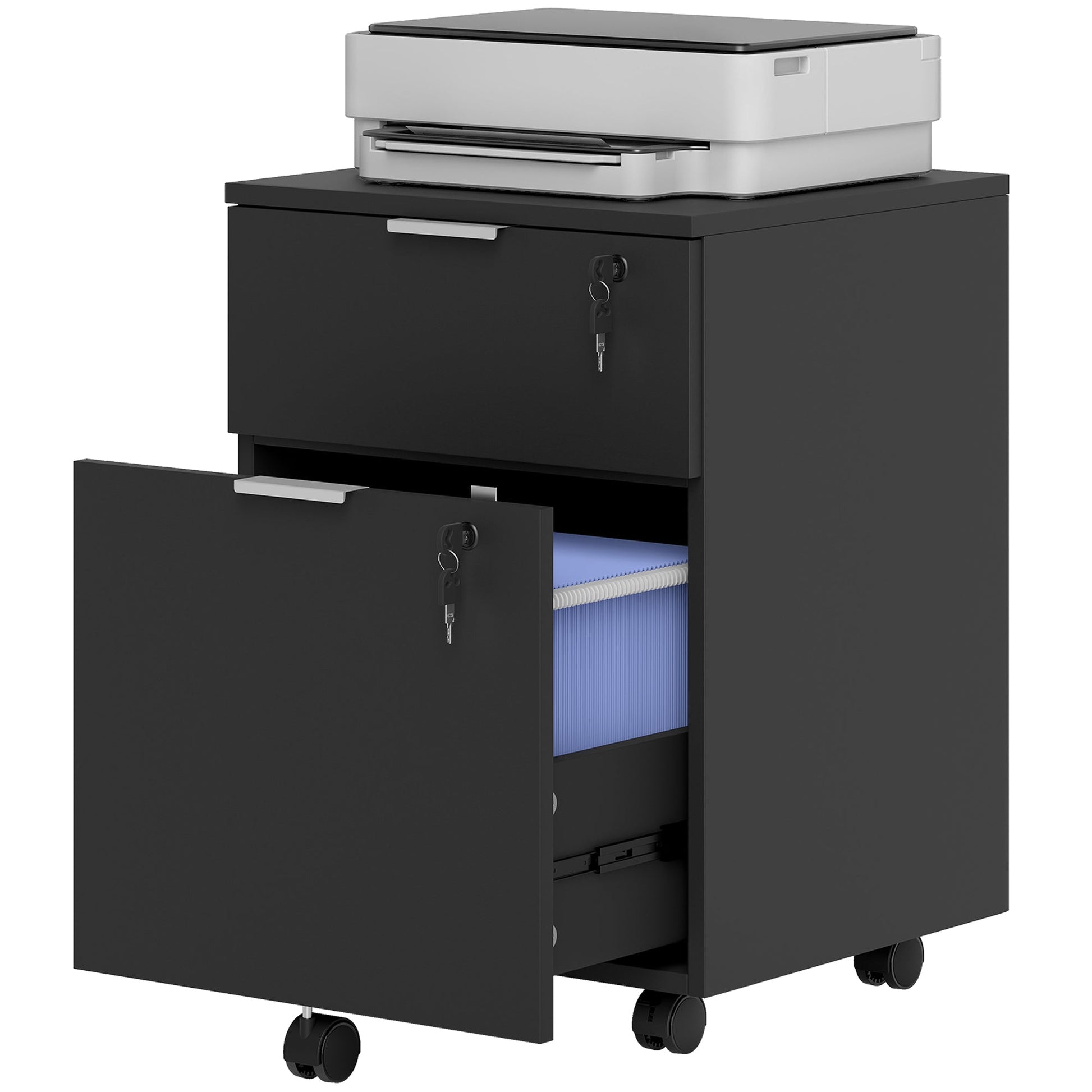 Mobile File Cabinet with Wheels and Lock, 2 Drawer Under Desk Office Cabinet, Adjustable A4 and Letter Hanging Bars, Black