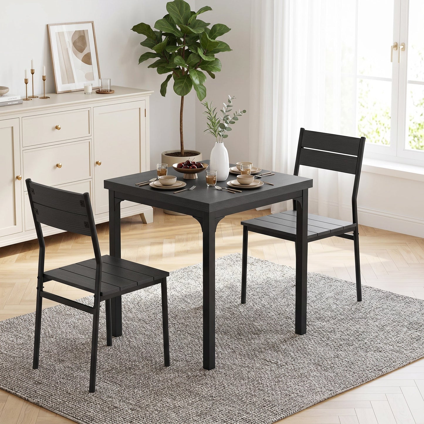 3 Pieces Modern Dining Table Set, Kitchen Table and Chairs for 2, Space Saving Design, Breakfast Nook Table Set with Steel Legs for Kitchen, Small Space, Black Wood Effect