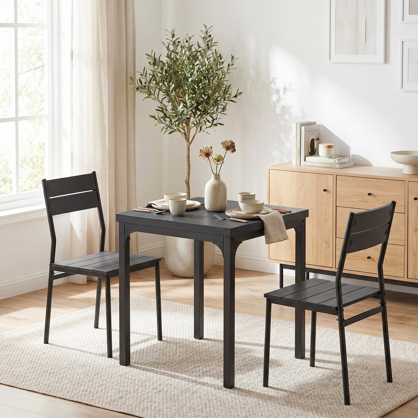 3 Pieces Modern Dining Table Set, Kitchen Table and Chairs for 2, Space Saving Design, Breakfast Nook Table Set with Steel Legs for Kitchen, Small Space, Black Wood Effect