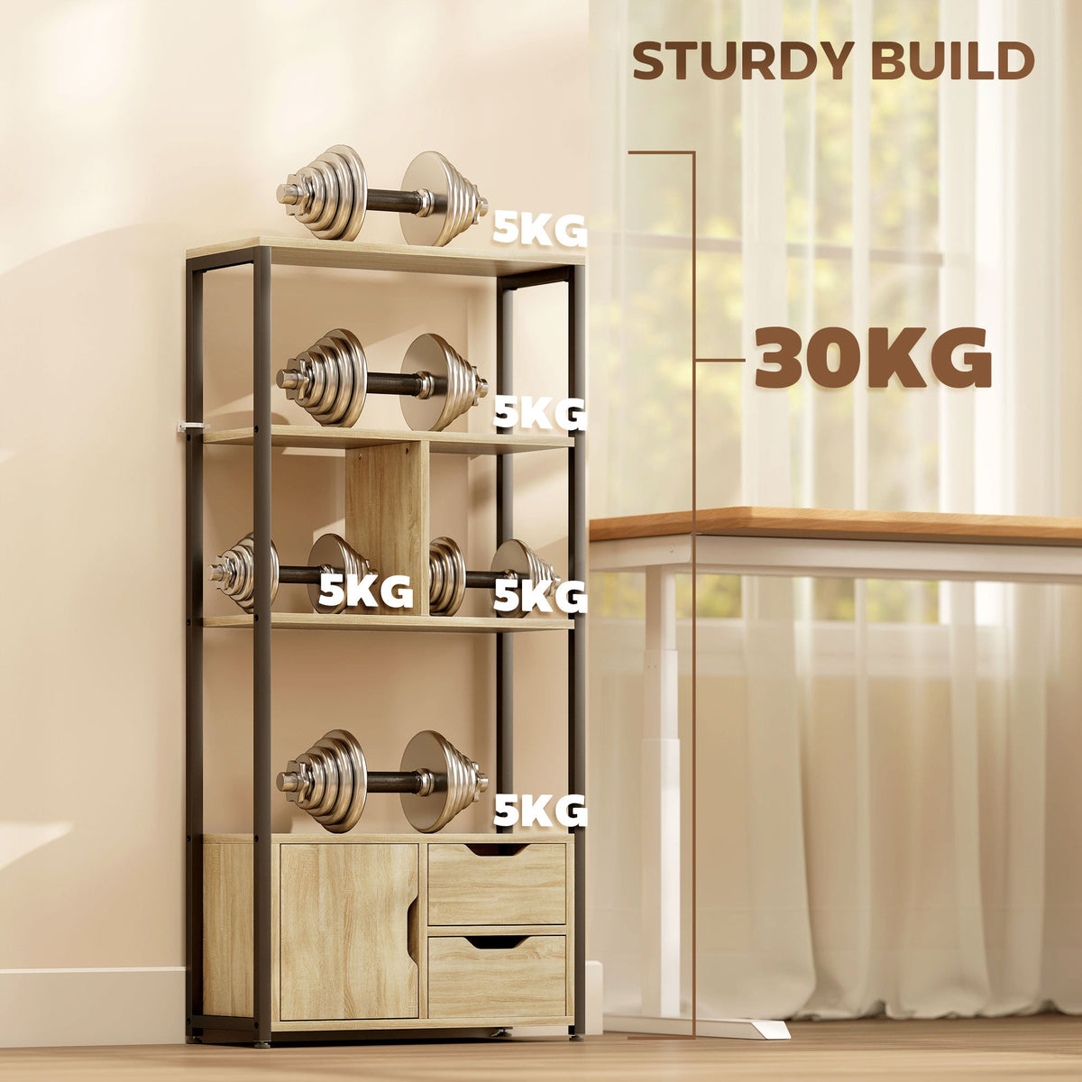 Ladder Bookshelf, 4-Tier Bookcase with Cabinet and Drawers, Storage Shelves with Metal Frame for Living Room, Bedroom, Home Office, Natural Wood