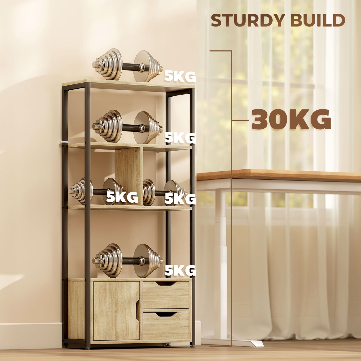 Ladder Bookshelf, 4-Tier Bookcase with Cabinet and Drawers, Storage Shelves with Metal Frame for Living Room, Bedroom, Home Office, Natural Wood