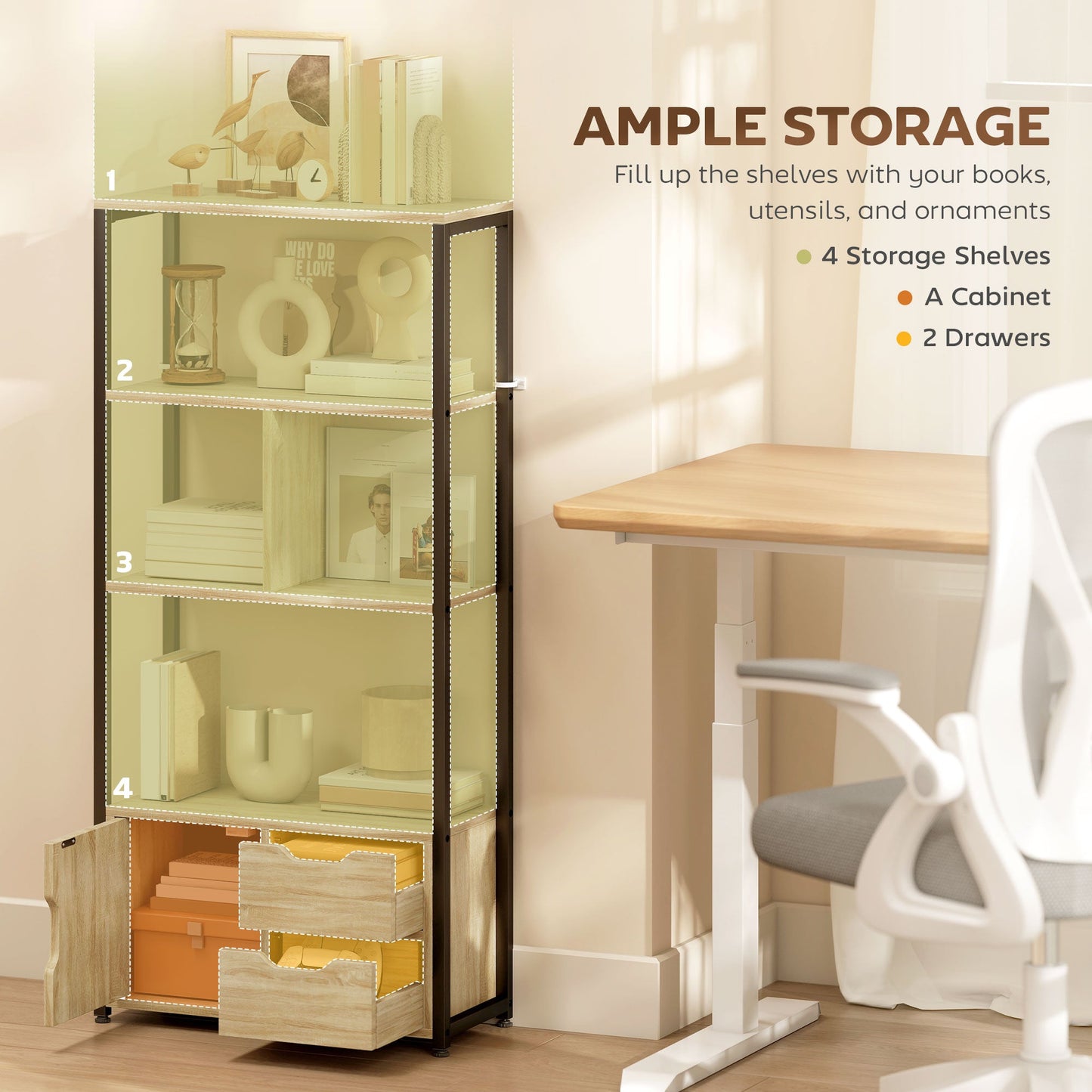 Ladder Bookshelf, 4-Tier Bookcase with Cabinet and Drawers, Storage Shelves with Metal Frame for Living Room, Bedroom, Home Office, Natural Wood
