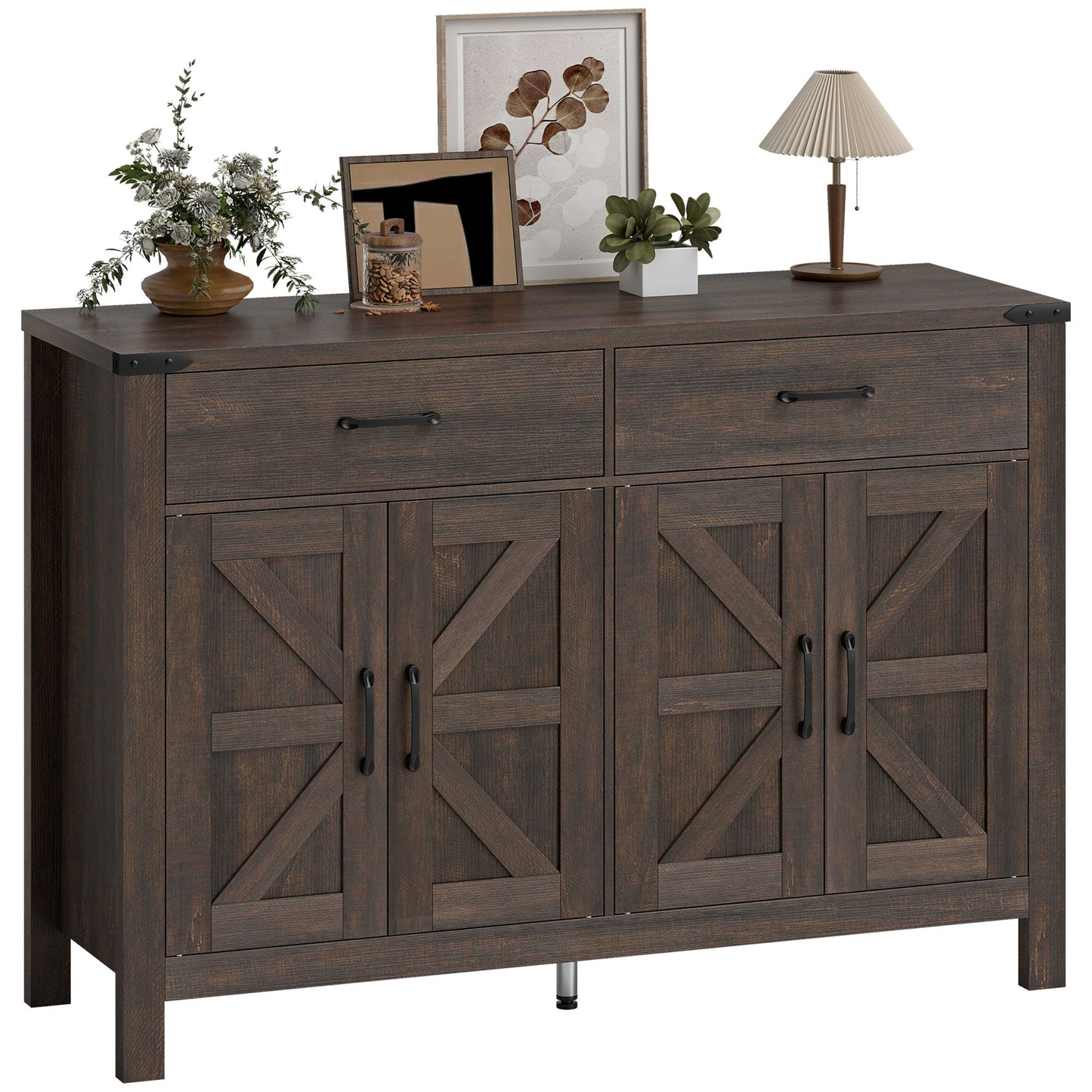 Sideboard Buffet Cabinet, Farmhouse Storage Cabinet, Kitchen Cupboard with 4 Doors, 2 Drawers and 2 Adjustable Shelves for Dining Room, Living Room, Dark Brown