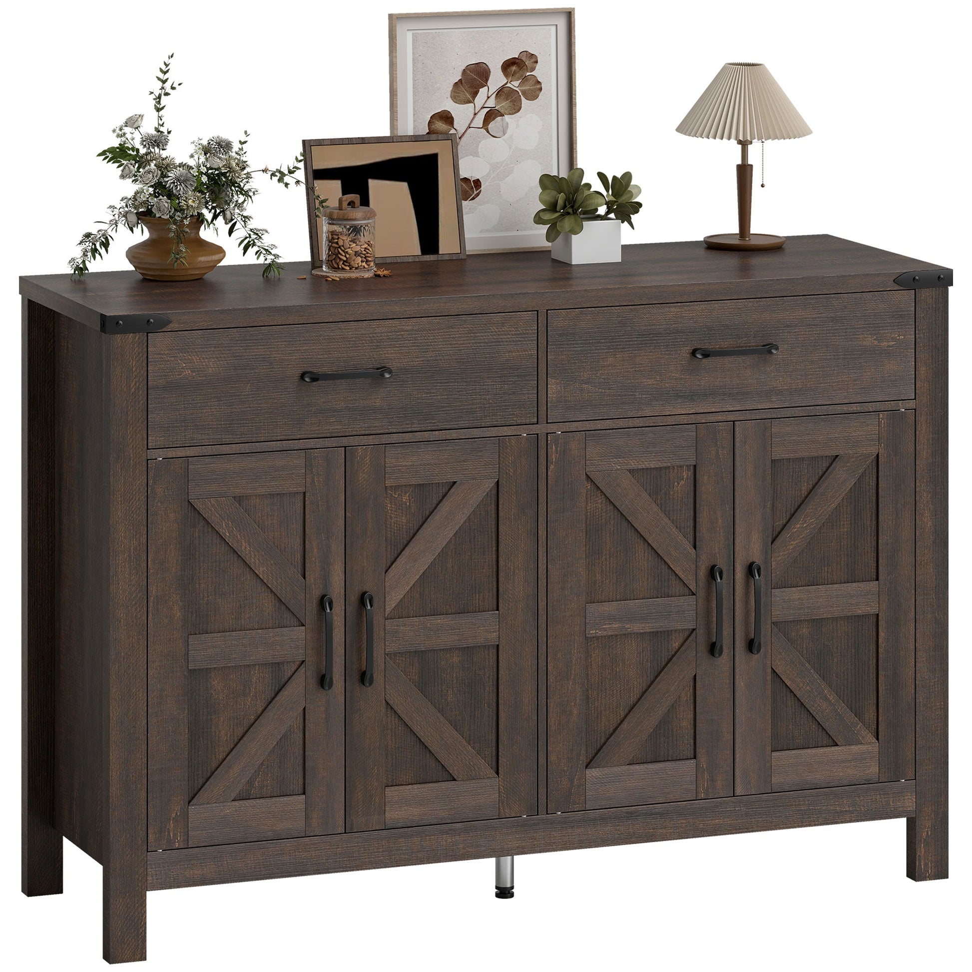 Sideboard Buffet Cabinet, Farmhouse Storage Cabinet, Kitchen Cupboard with 4 Doors, 2 Drawers and 2 Adjustable Shelves for Dining Room, Living Room, Dark Brown