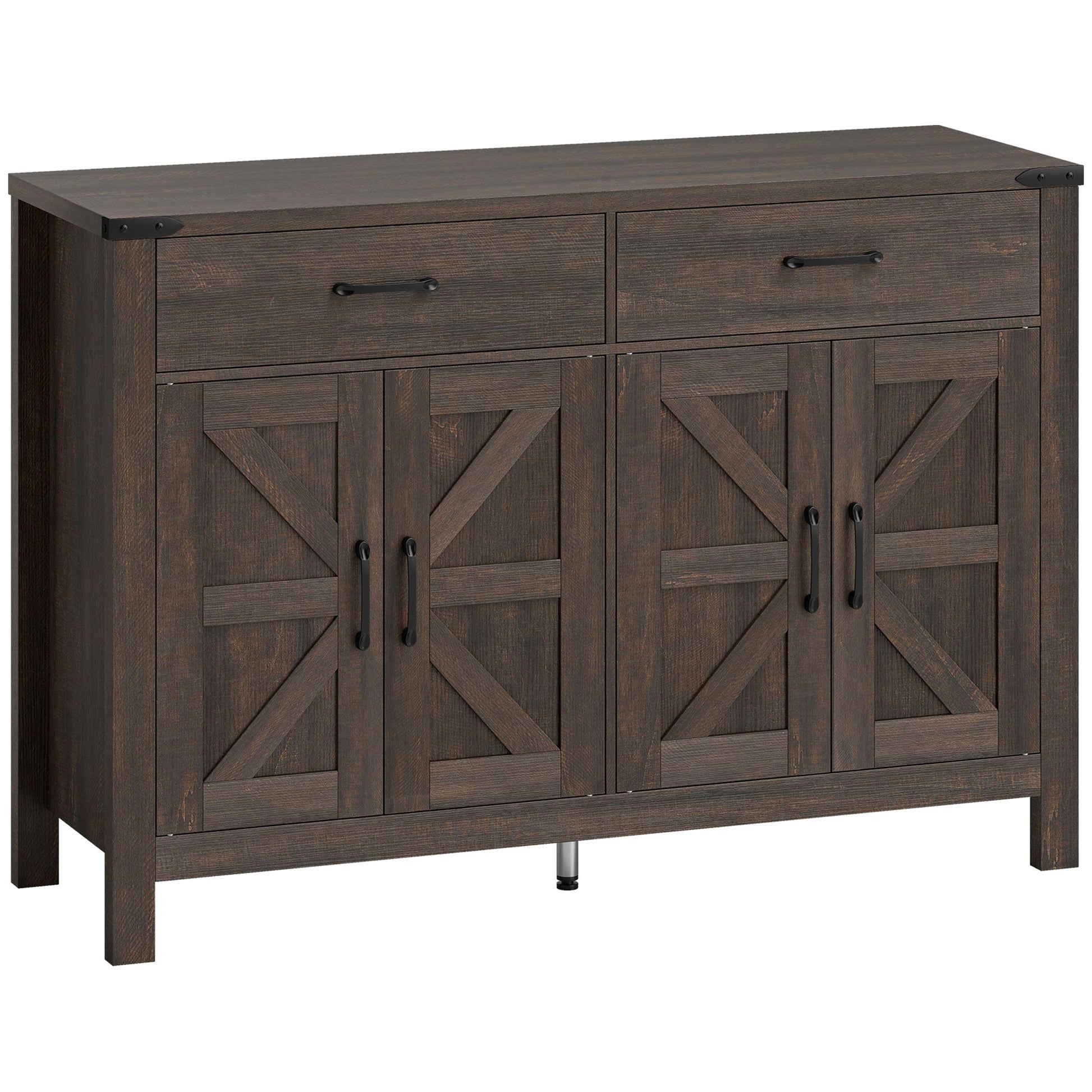 Sideboard Buffet Cabinet, Farmhouse Storage Cabinet, Kitchen Cupboard with 4 Doors, 2 Drawers and 2 Adjustable Shelves for Dining Room, Living Room, Dark Brown